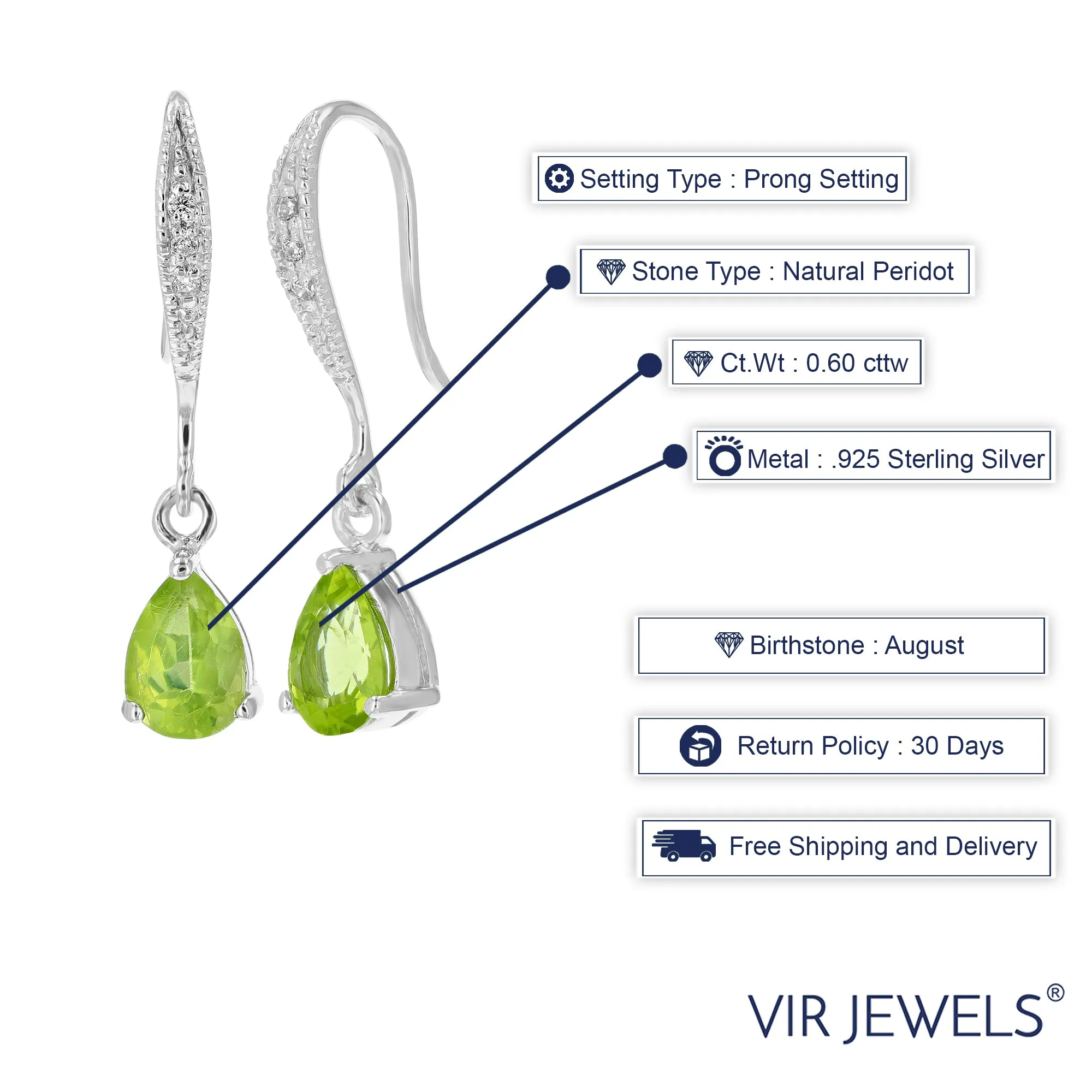 0.60 cttw Peridot Dangle Earrings .925 Sterling Silver With Rhodium 6x4 MM Pear