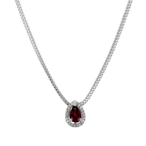 14K white gold solid Franco chain garnet drop tear diamond pendant-10977