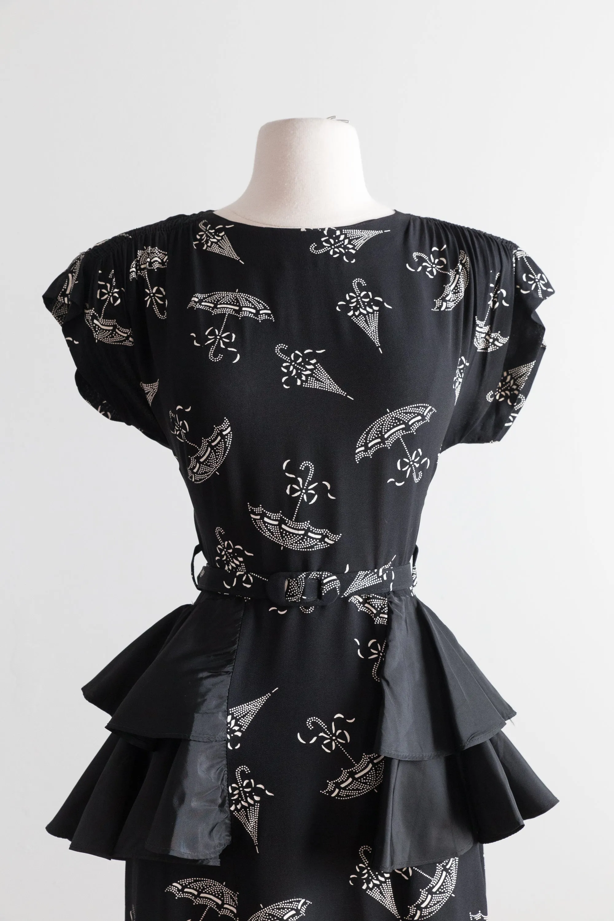 1940's Umbrella Print Black Rayon Cocktail Dress With Taffeta Peplum / Waist 27"