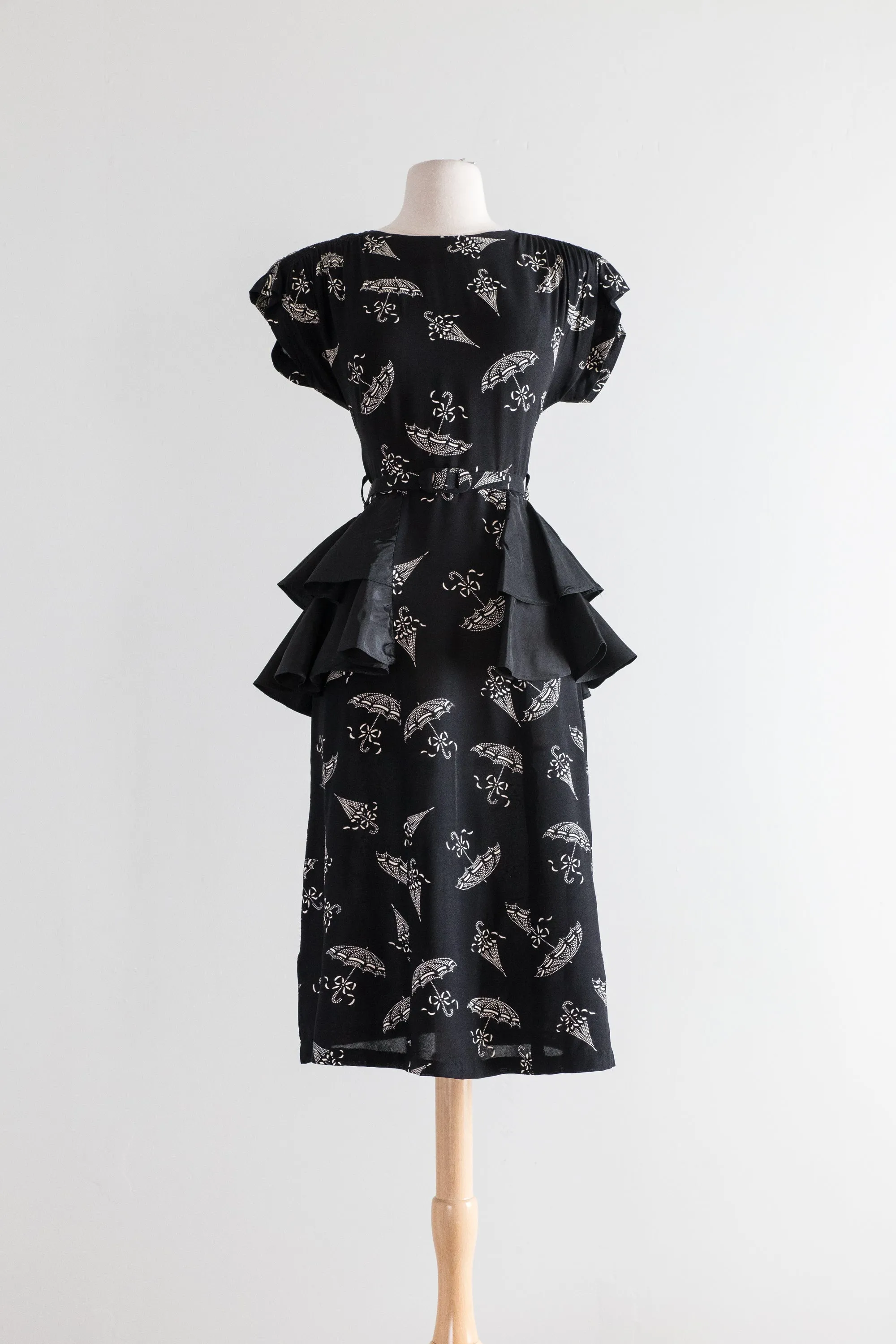 1940's Umbrella Print Black Rayon Cocktail Dress With Taffeta Peplum / Waist 27"