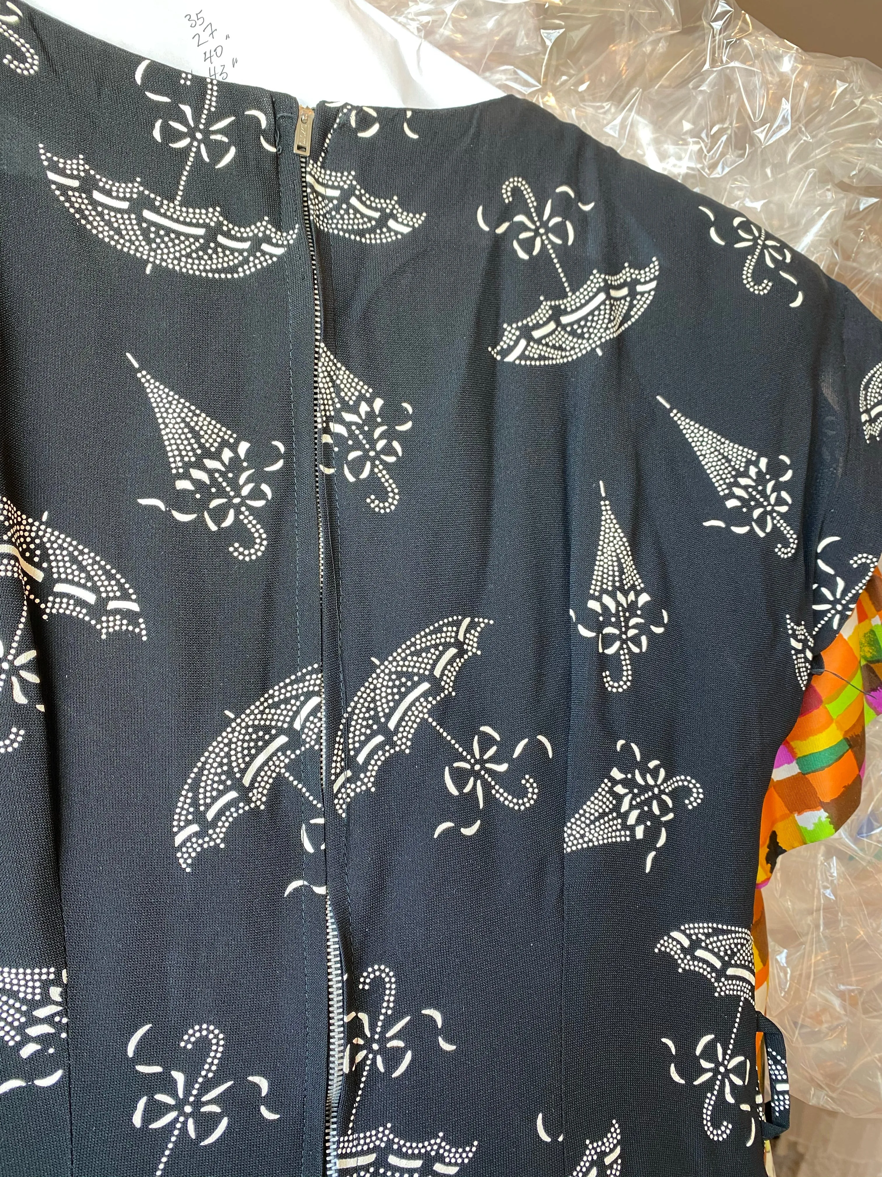 1940's Umbrella Print Black Rayon Cocktail Dress With Taffeta Peplum / Waist 27"