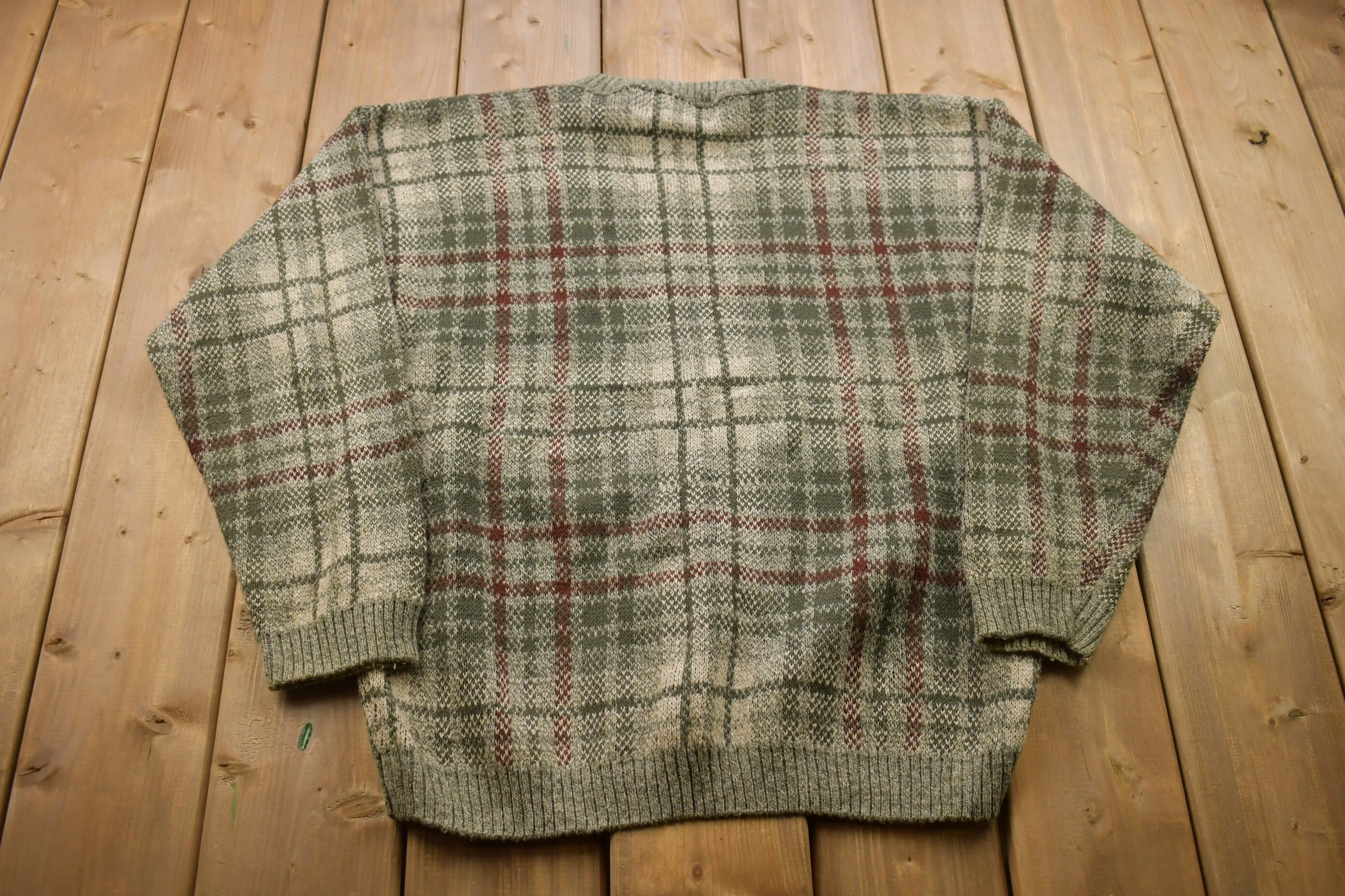 1990s Vintage Liberty Plaid Knitted Sweater / Made in USA / Vintage 90s Crewneck / Pattern Sweater / Outdoor / Pullover Sweatshirt