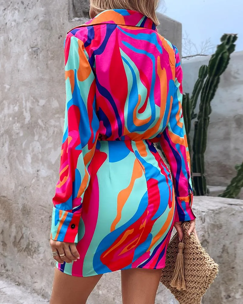 Abstract Print Long Sleeve Button Down Shirt & Skirt Set