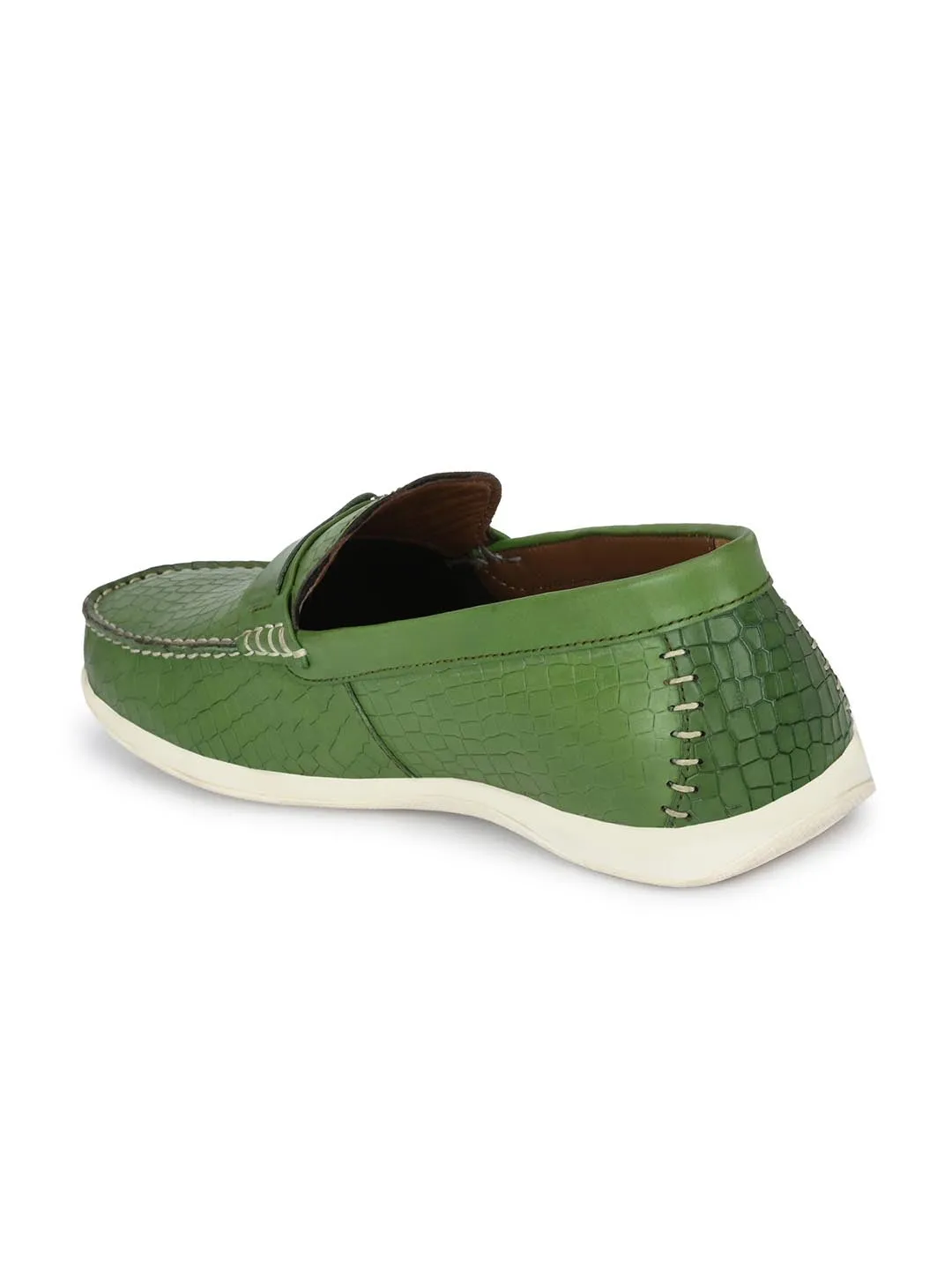 Alberto Torresi Genuine Leather Green Textured Loafers For Men