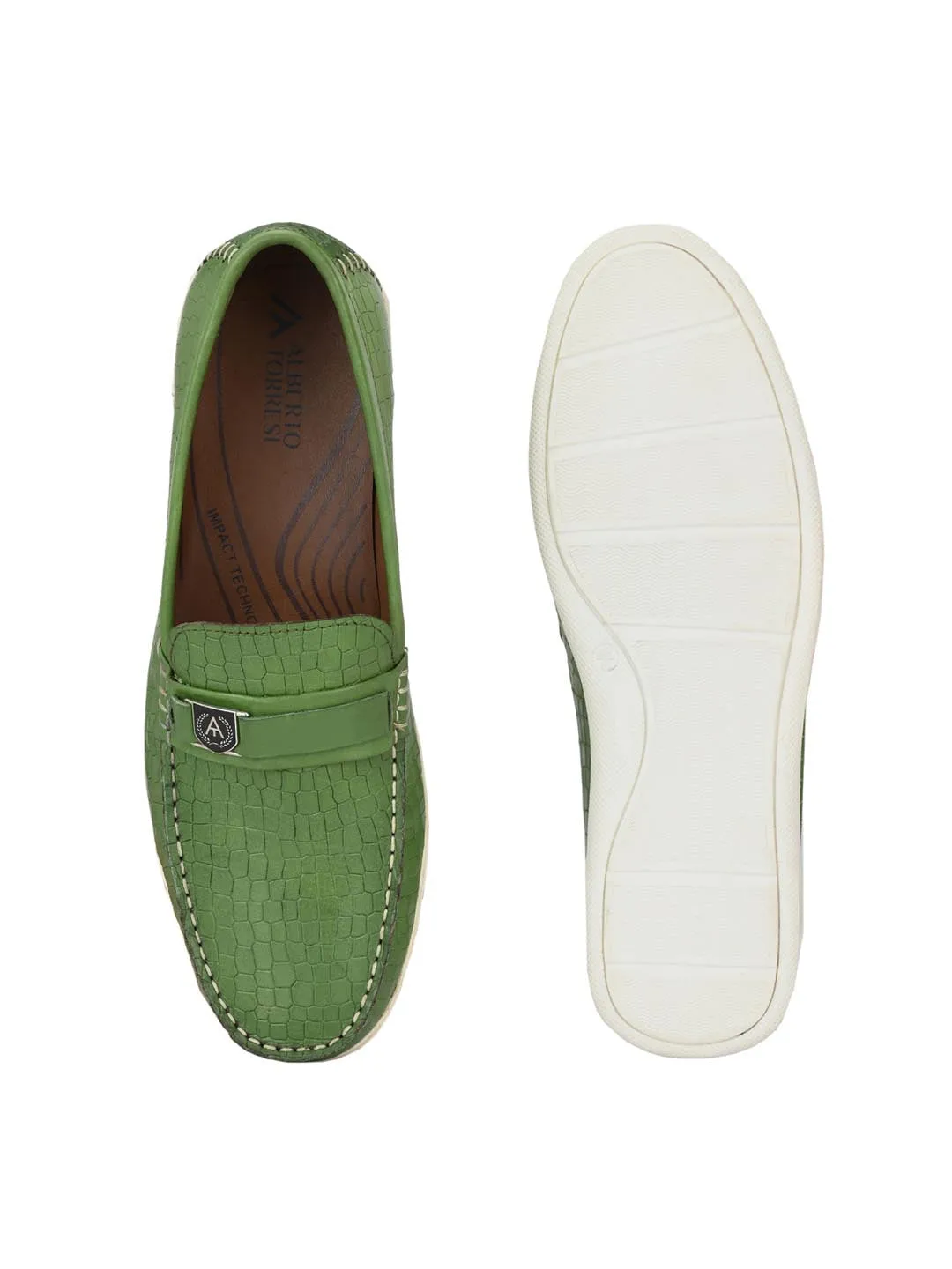 Alberto Torresi Genuine Leather Green Textured Loafers For Men