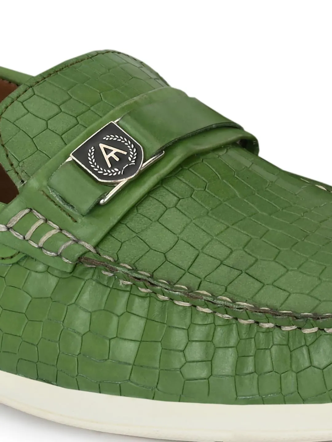 Alberto Torresi Genuine Leather Green Textured Loafers For Men