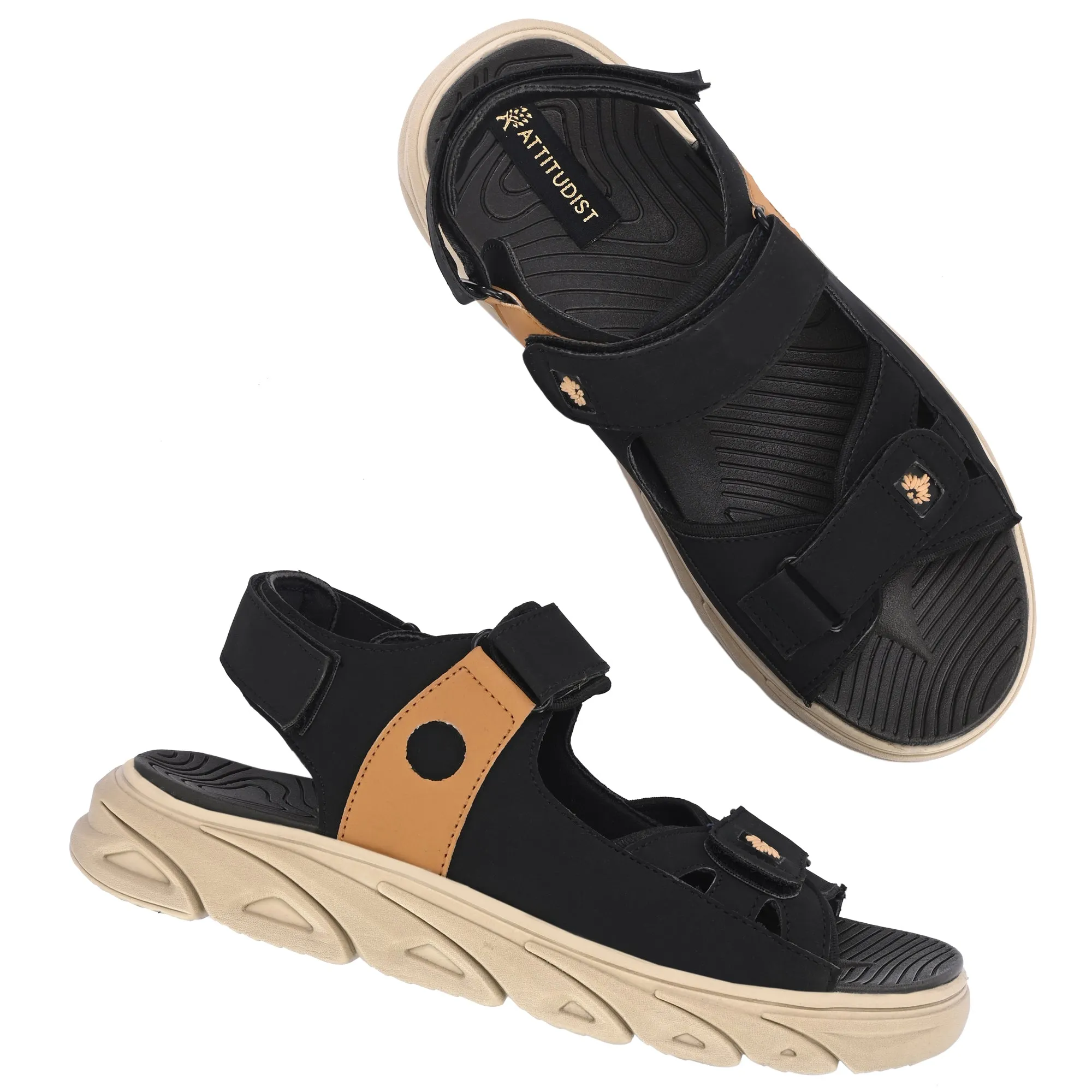 Attitudist Unisex Handcrafted Tan Strap Black Casual Sandal