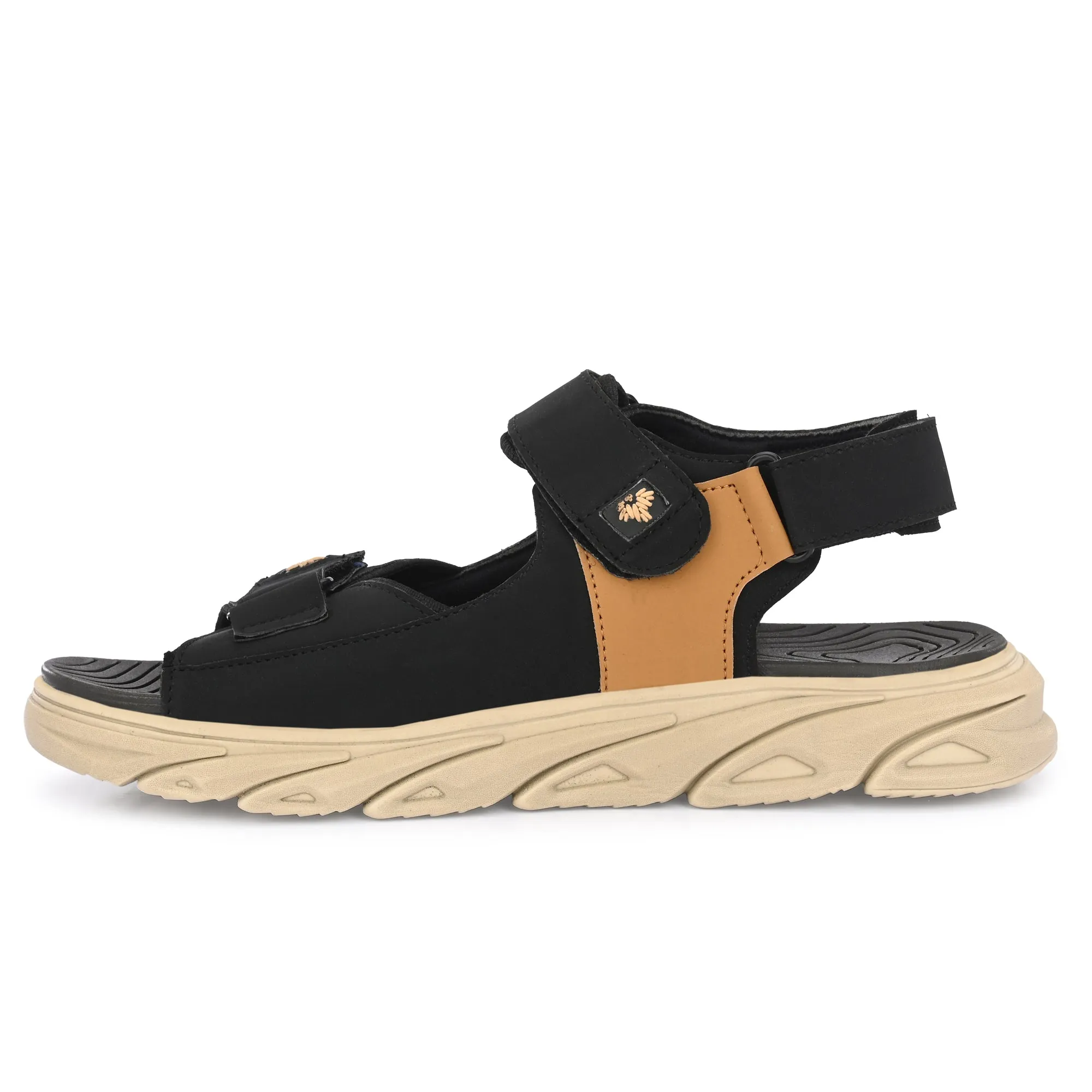 Attitudist Unisex Handcrafted Tan Strap Black Casual Sandal