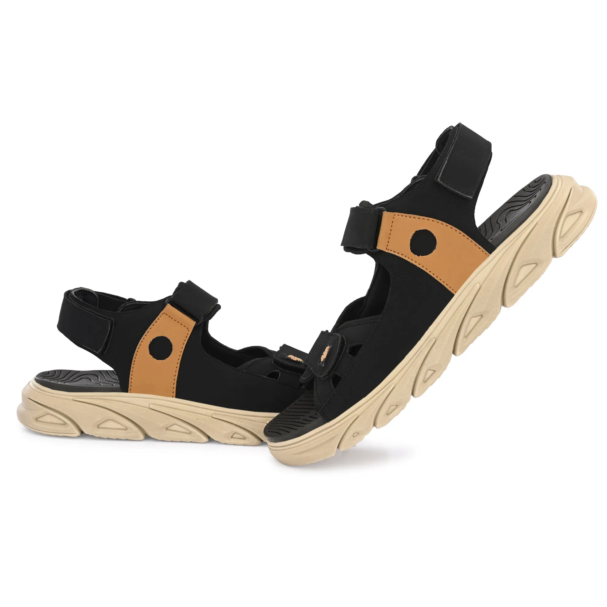 Attitudist Unisex Handcrafted Tan Strap Black Casual Sandal