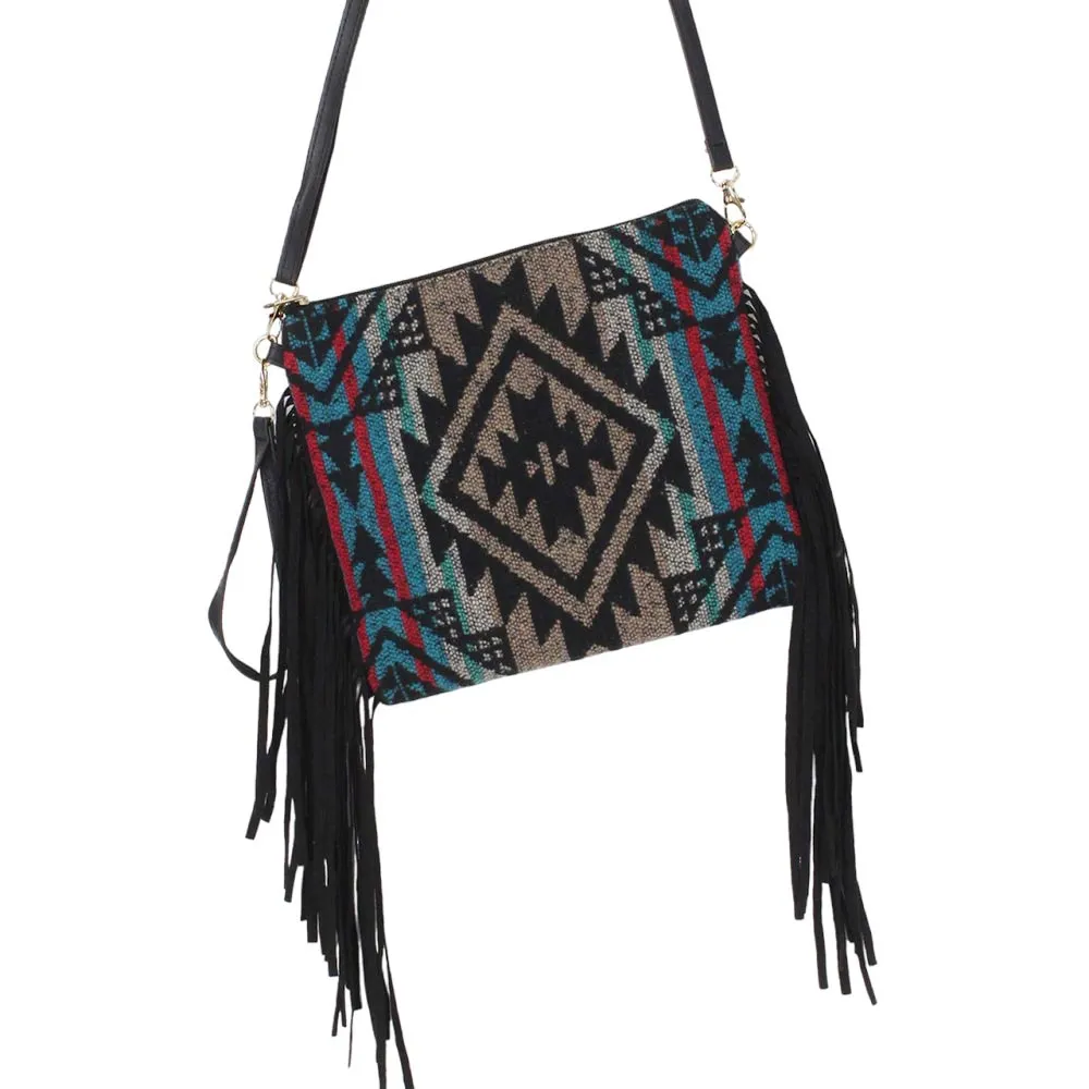 Aztec Patterned Tassel Wristlet Clutch Crossbody Bag