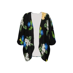 black back blue gold white floral print Women's Kimono Chiffon Cover Up (Model H51)