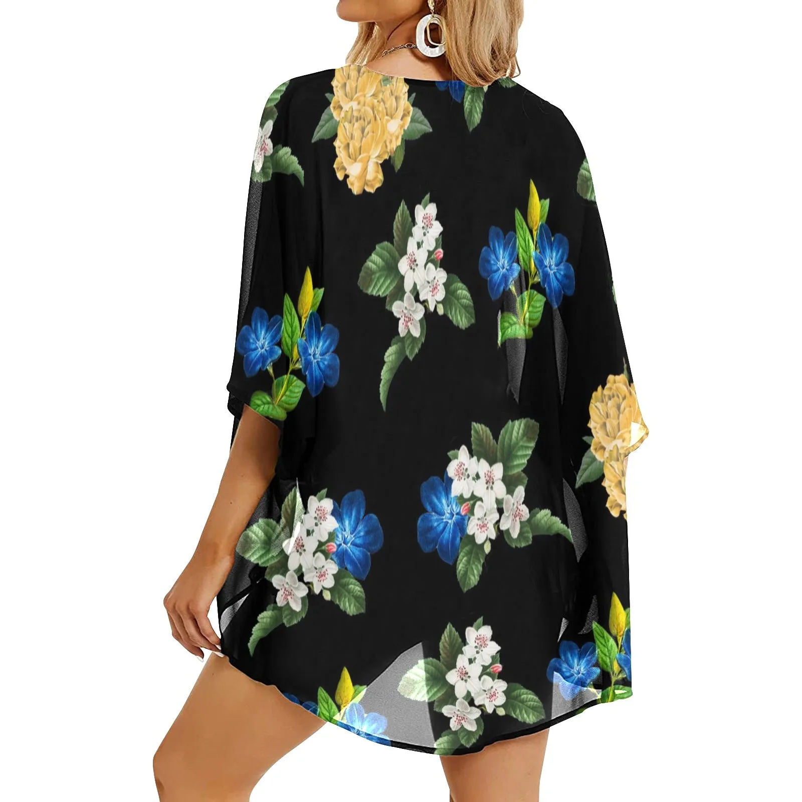 black back blue gold white floral print Women's Kimono Chiffon Cover Up (Model H51)