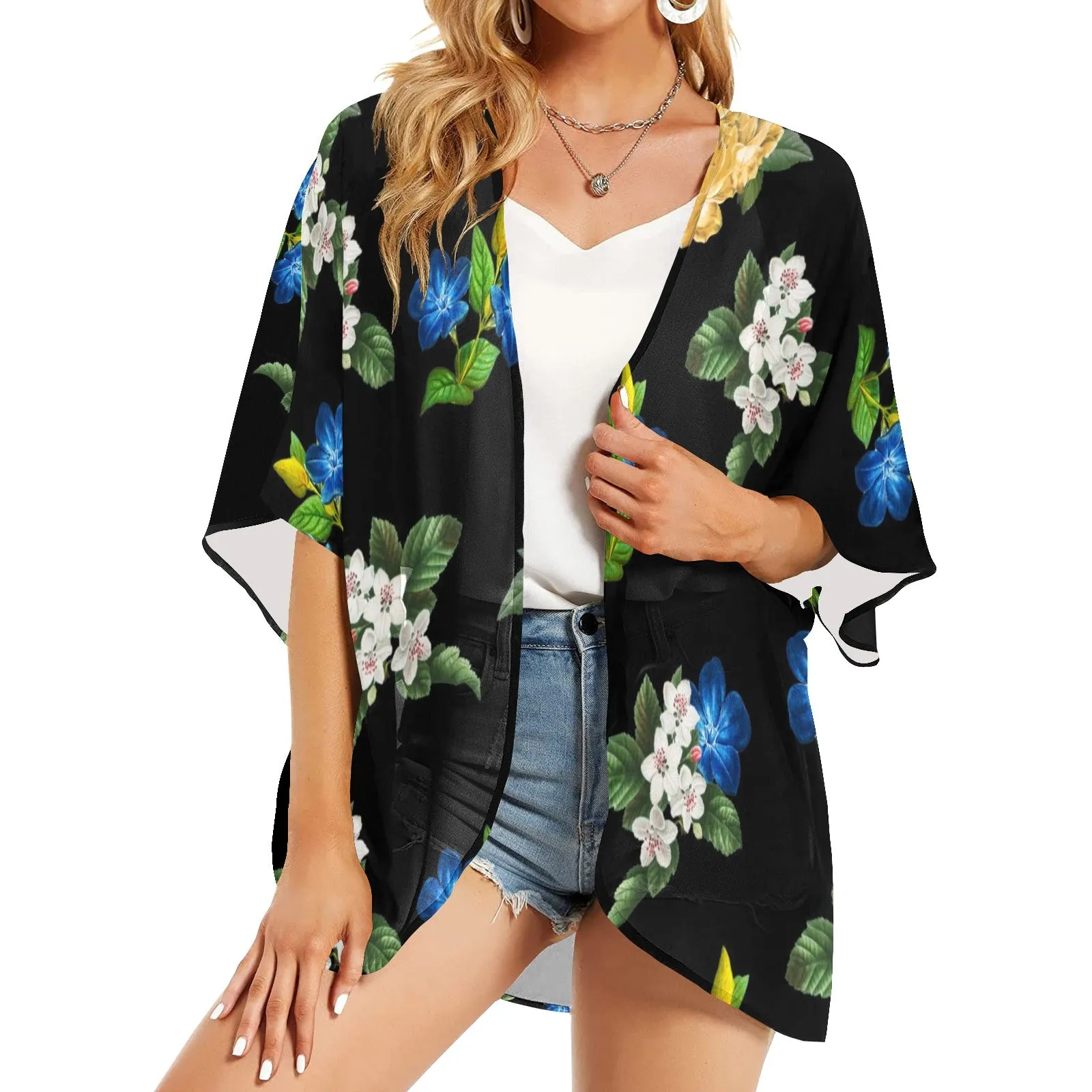 black back blue gold white floral print Women's Kimono Chiffon Cover Up (Model H51)