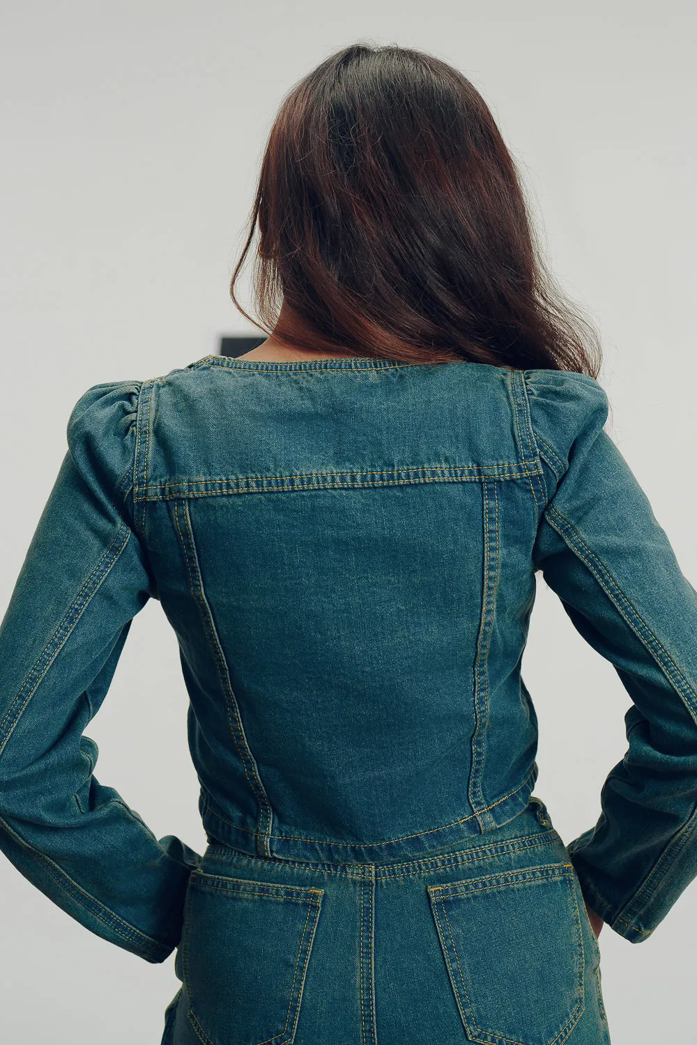 Blue Square Neck Denim Jacket