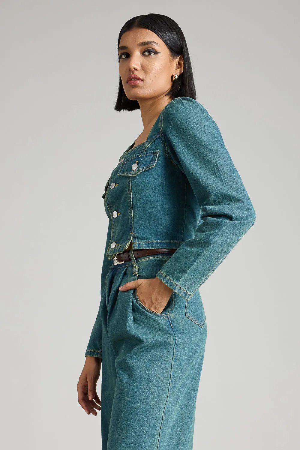 Blue Square Neck Denim Jacket