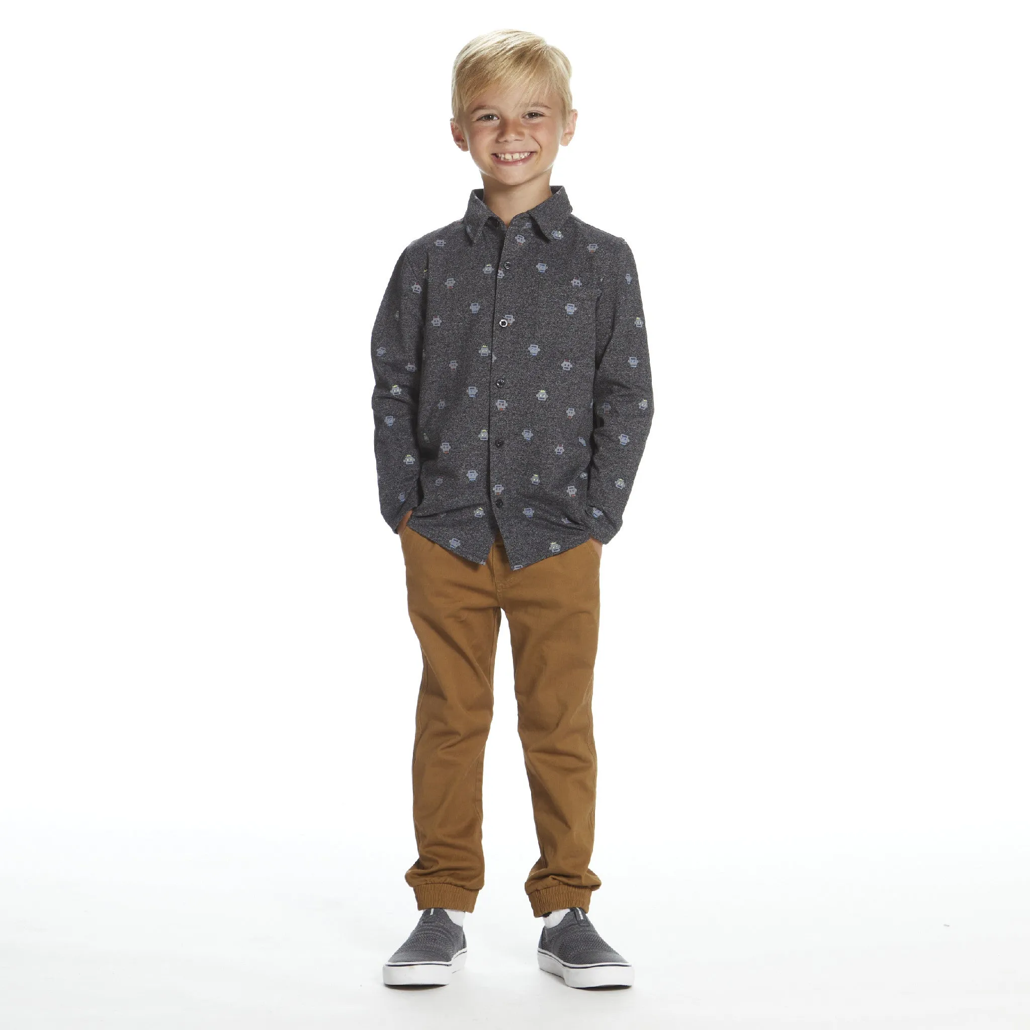 Boys Knit Robot Pattern Button Down Shirt