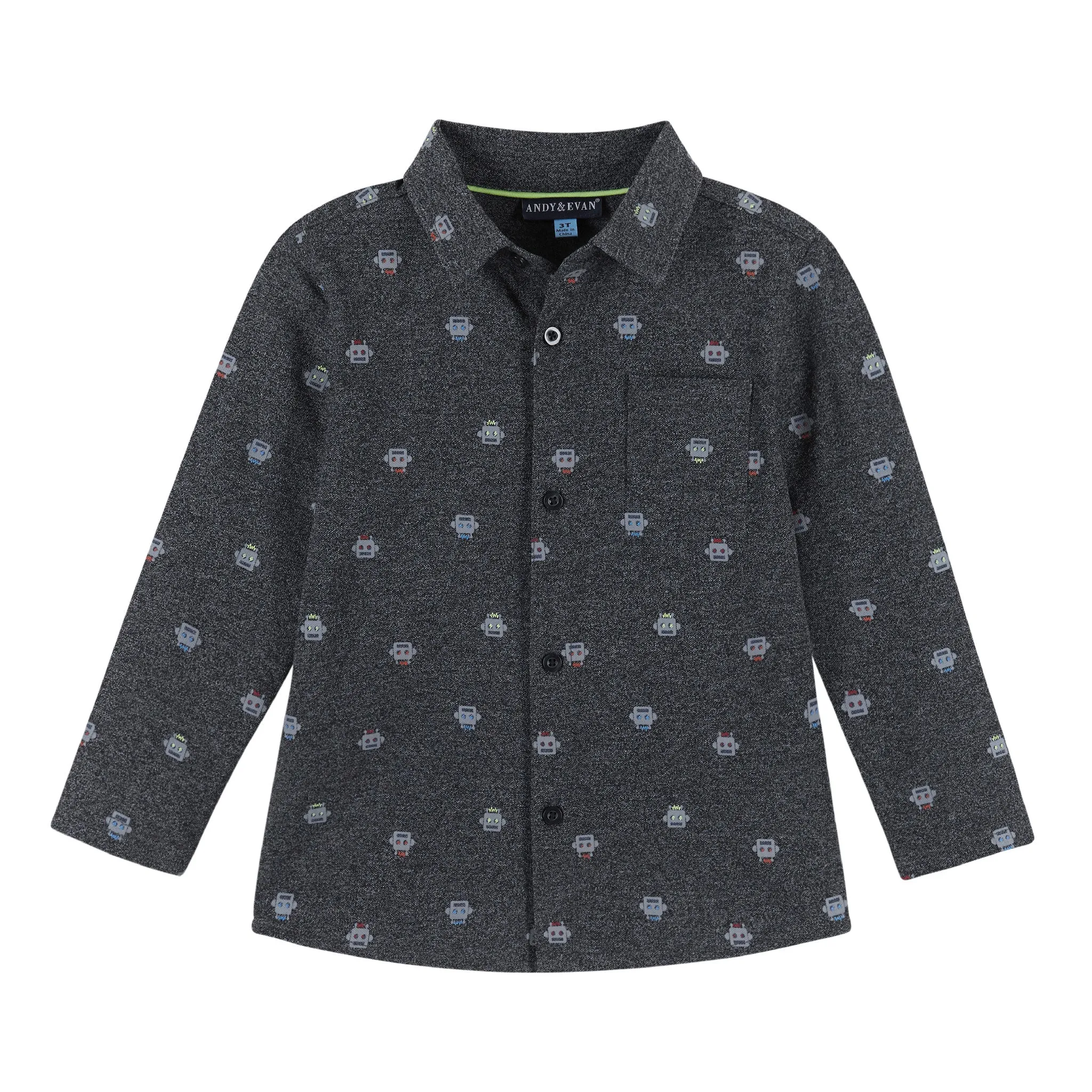 Boys Knit Robot Pattern Button Down Shirt