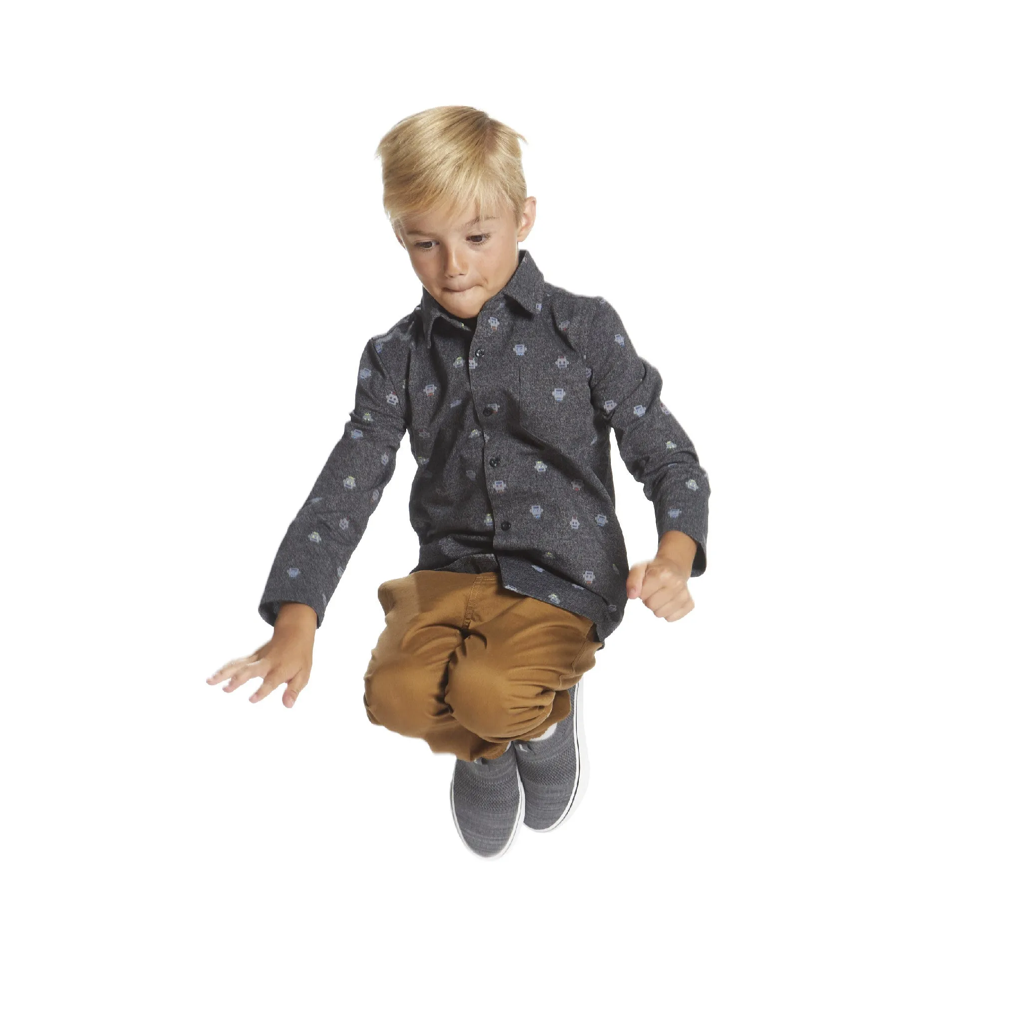 Boys Knit Robot Pattern Button Down Shirt