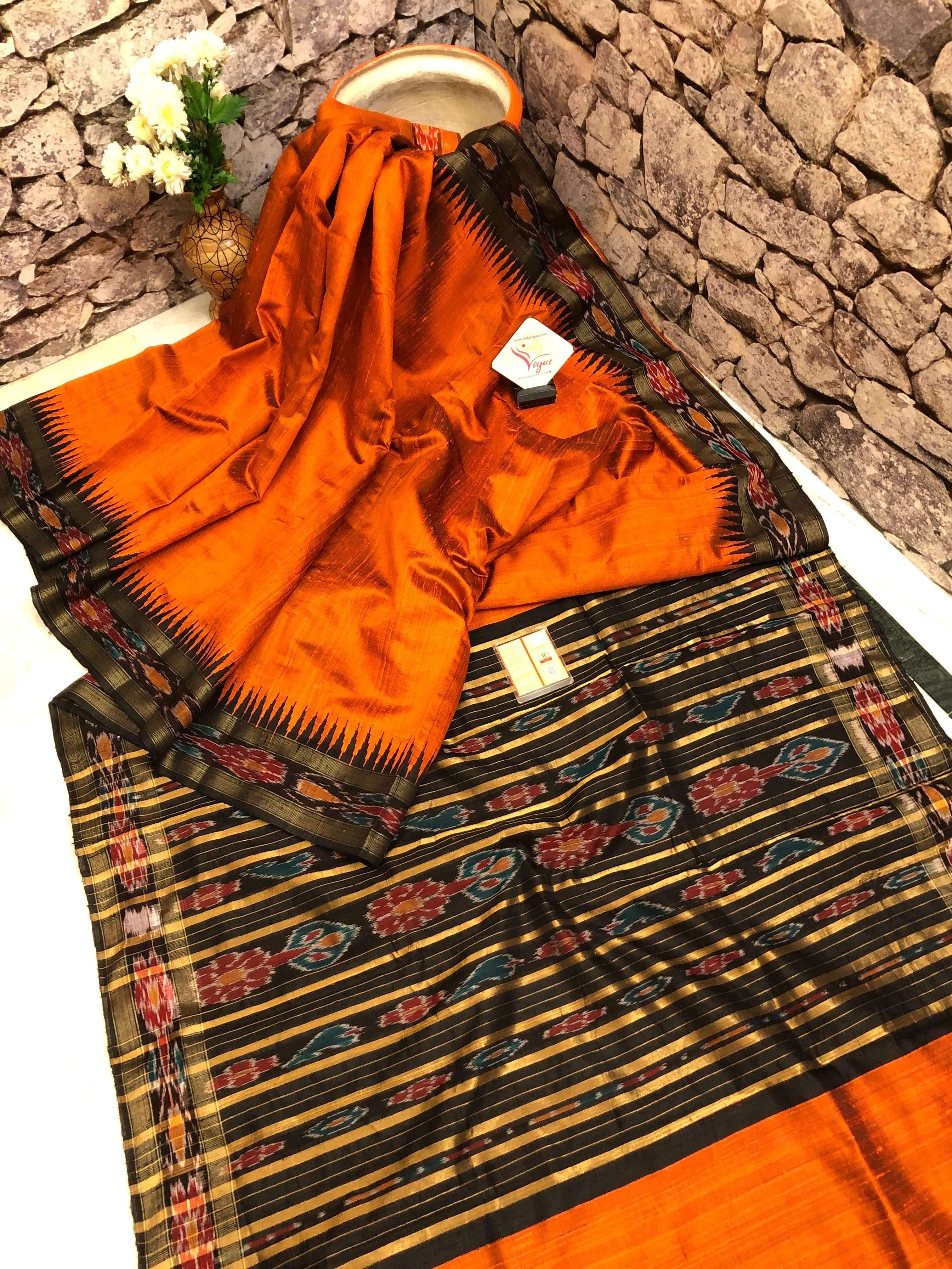 Burnt Orange Color Raw Silk Saree with Ikat Pallu and Border