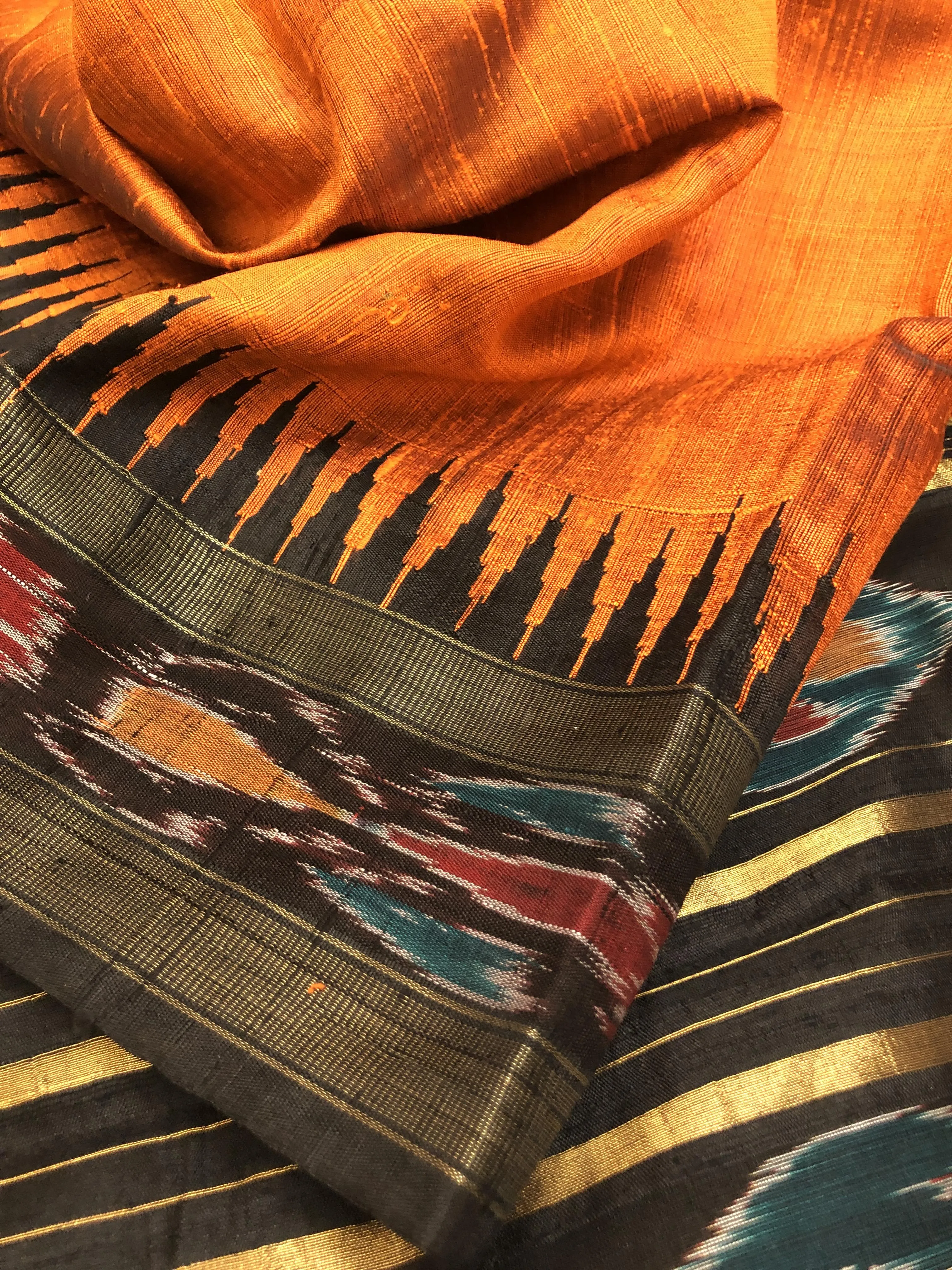 Burnt Orange Color Raw Silk Saree with Ikat Pallu and Border