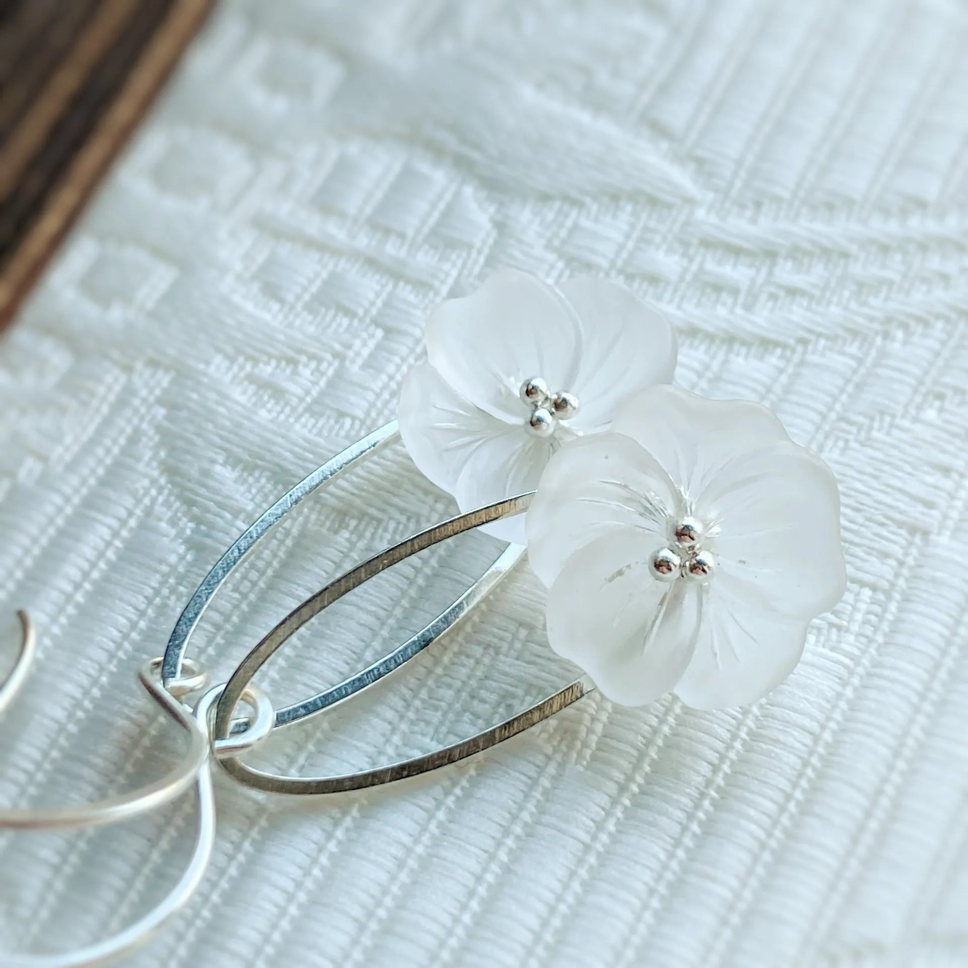 Clearance White frost flower earrings on silver ovals, sterling ear hooks