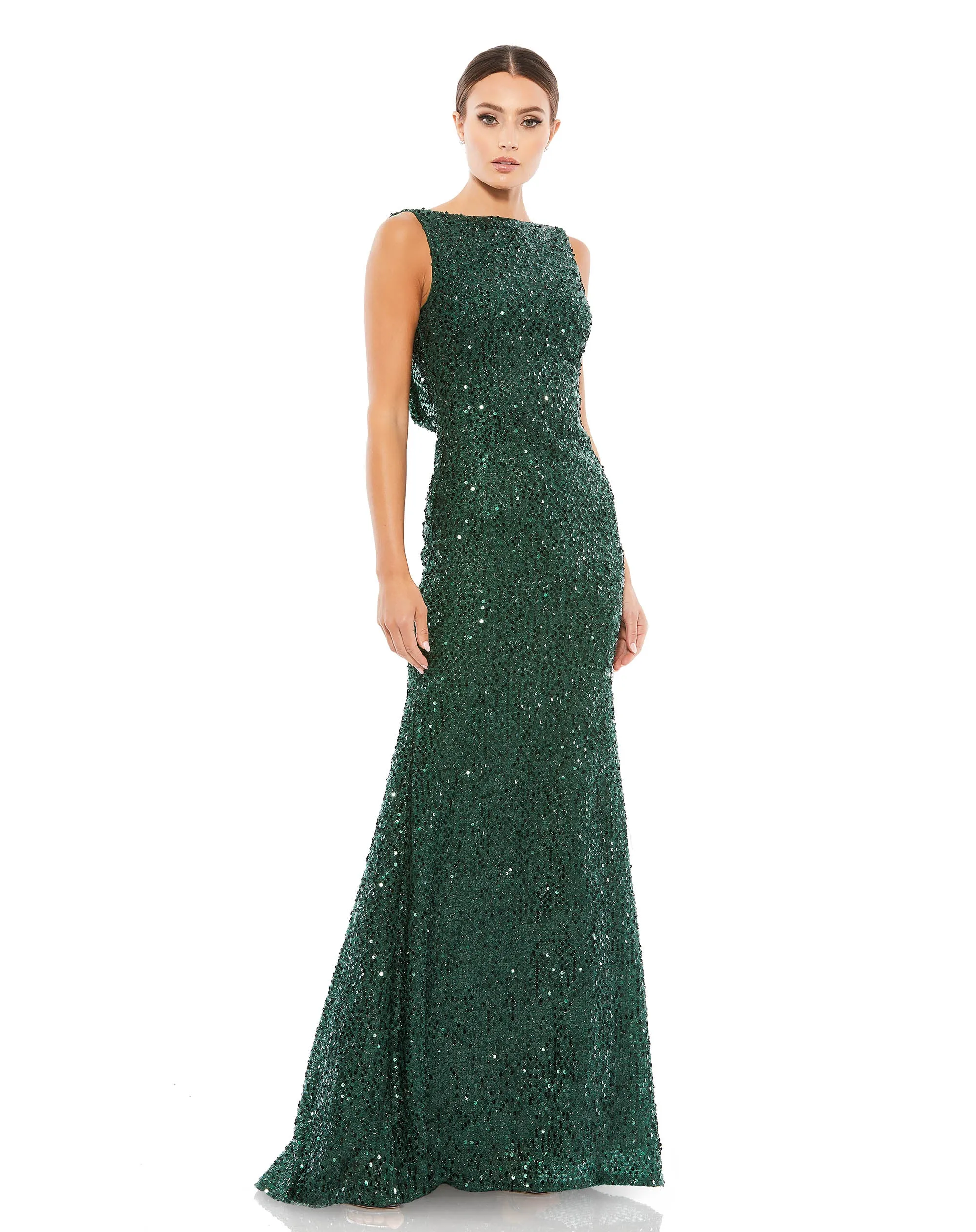 Cowl Back Boat Neck Sequined Evening Gown