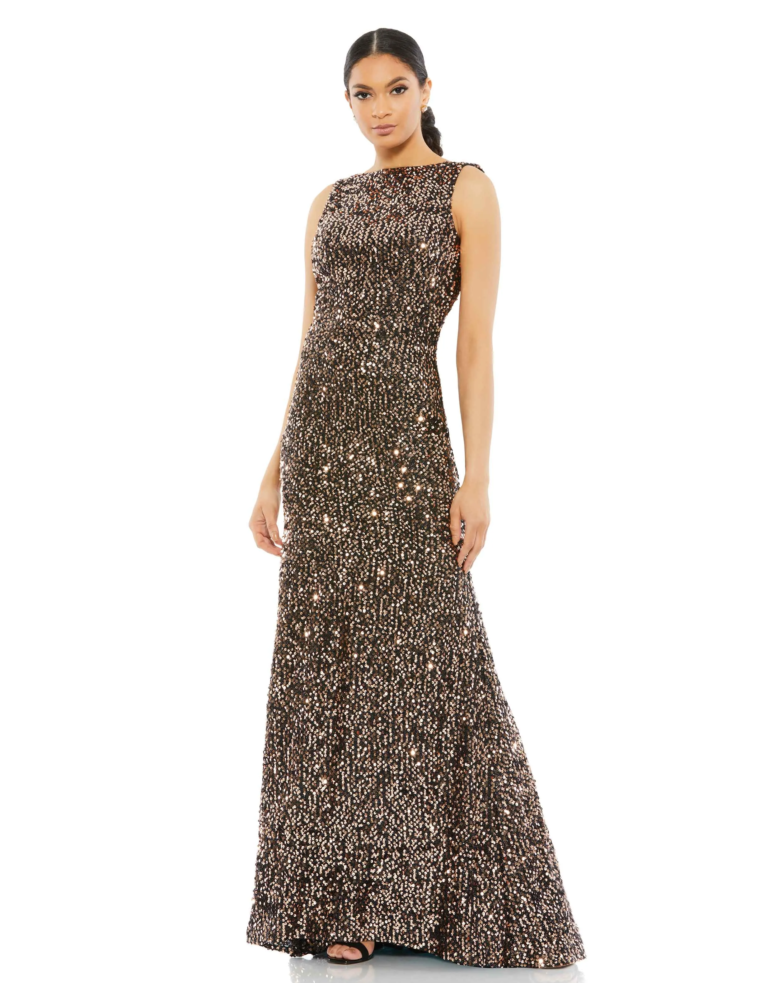 Cowl Back Boat Neck Sequined Evening Gown