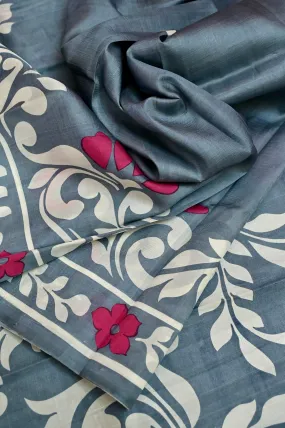 Deep Grey Color Bishnupur Silk Saree with Hand Block Work