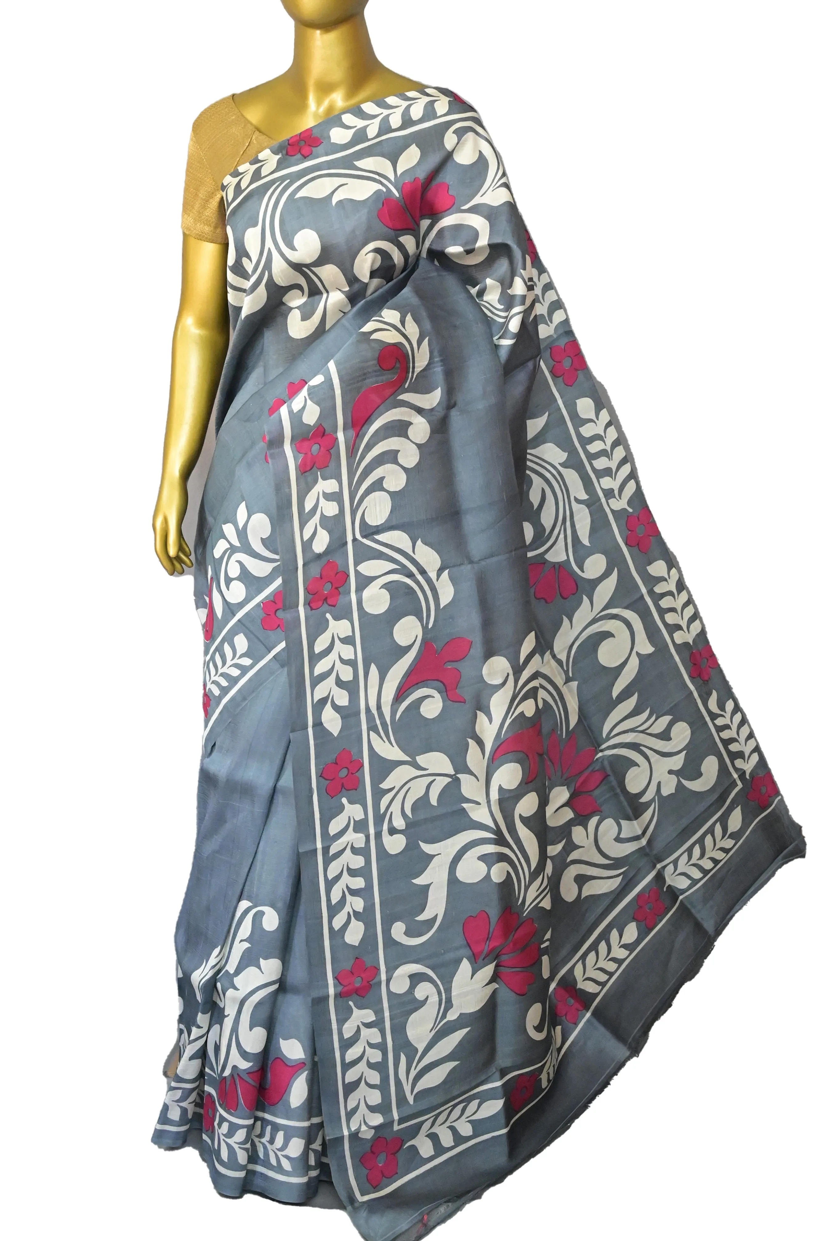 Deep Grey Color Bishnupur Silk Saree with Hand Block Work