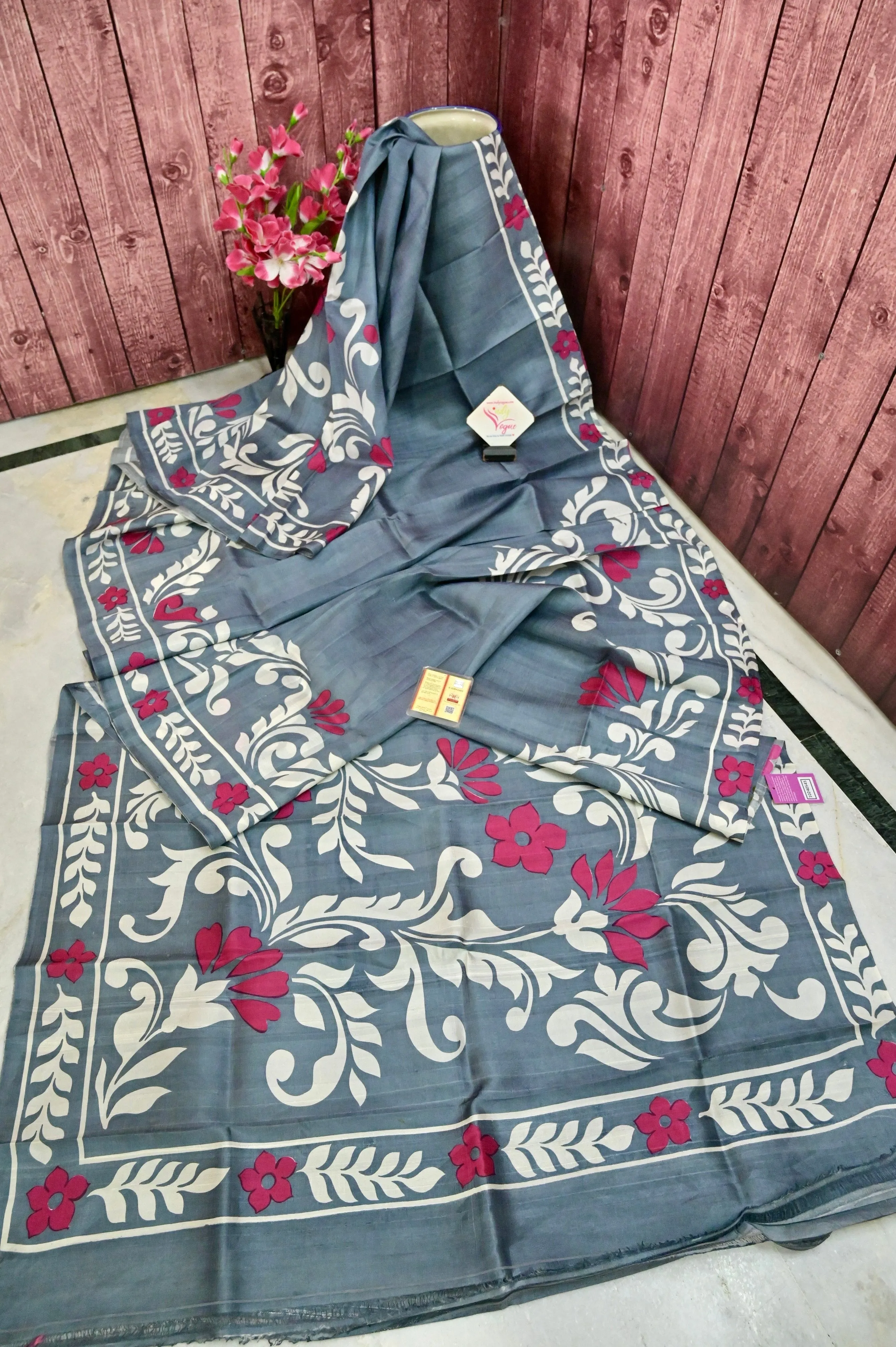 Deep Grey Color Bishnupur Silk Saree with Hand Block Work