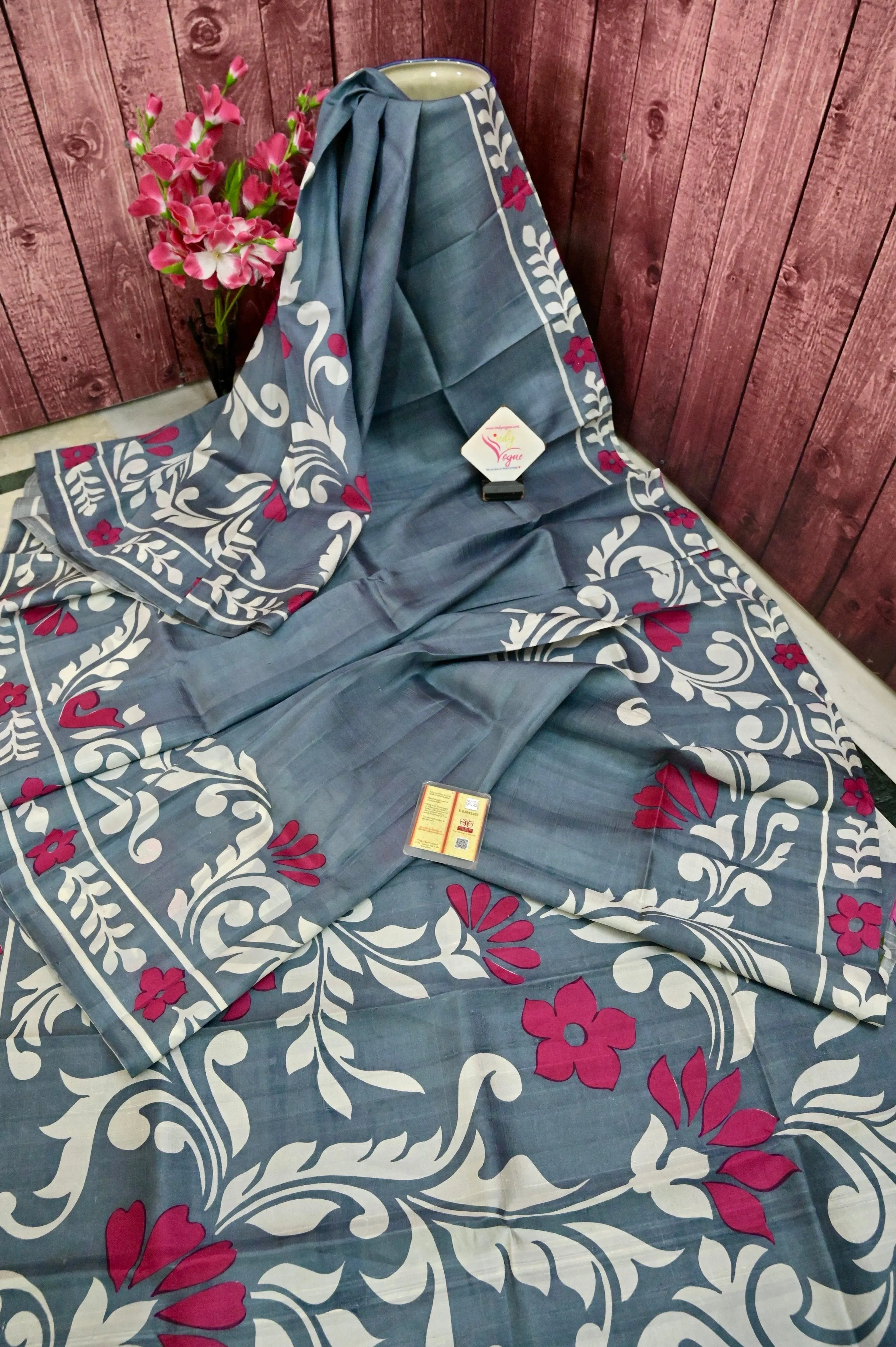 Deep Grey Color Bishnupur Silk Saree with Hand Block Work