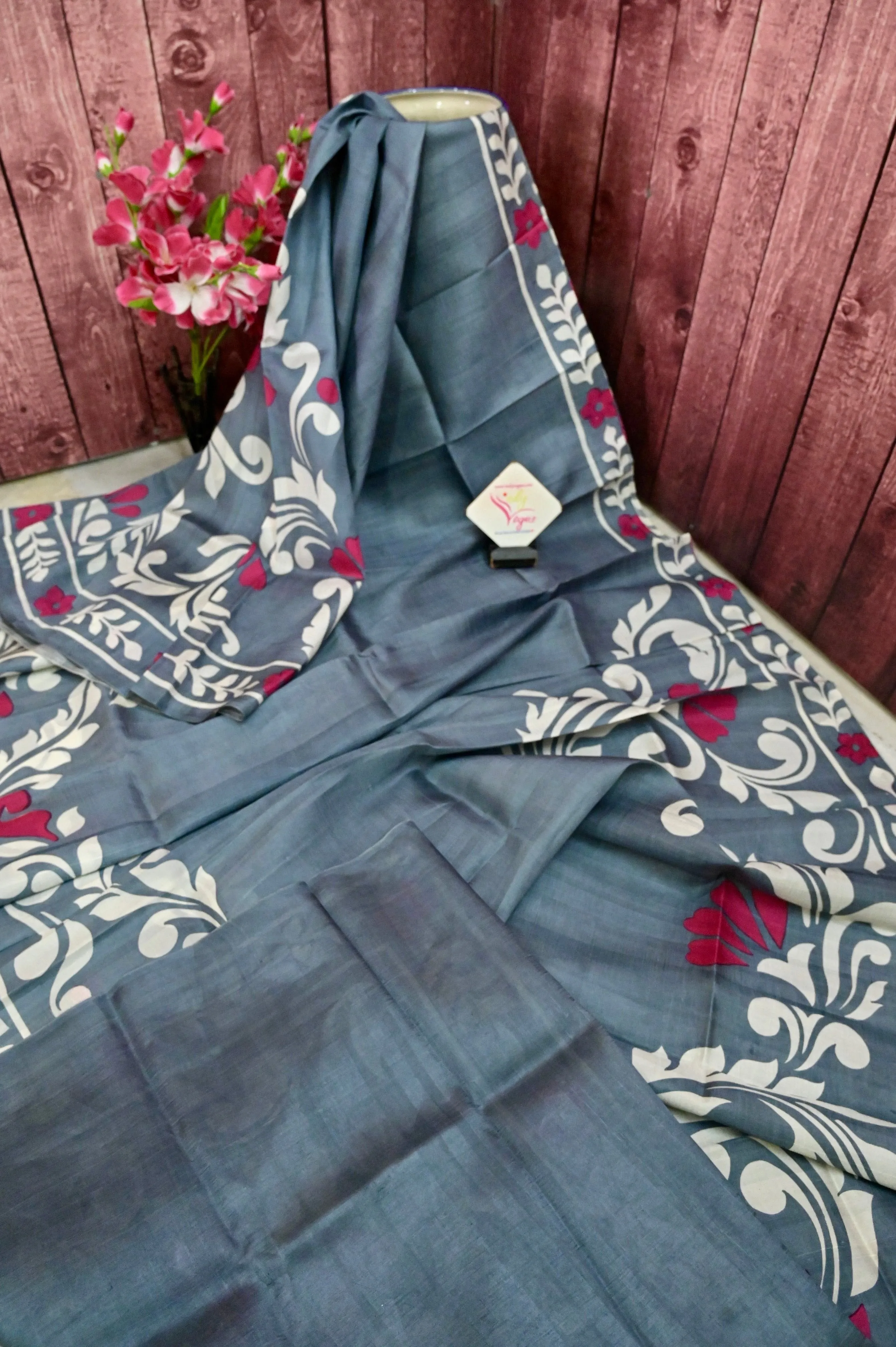 Deep Grey Color Bishnupur Silk Saree with Hand Block Work