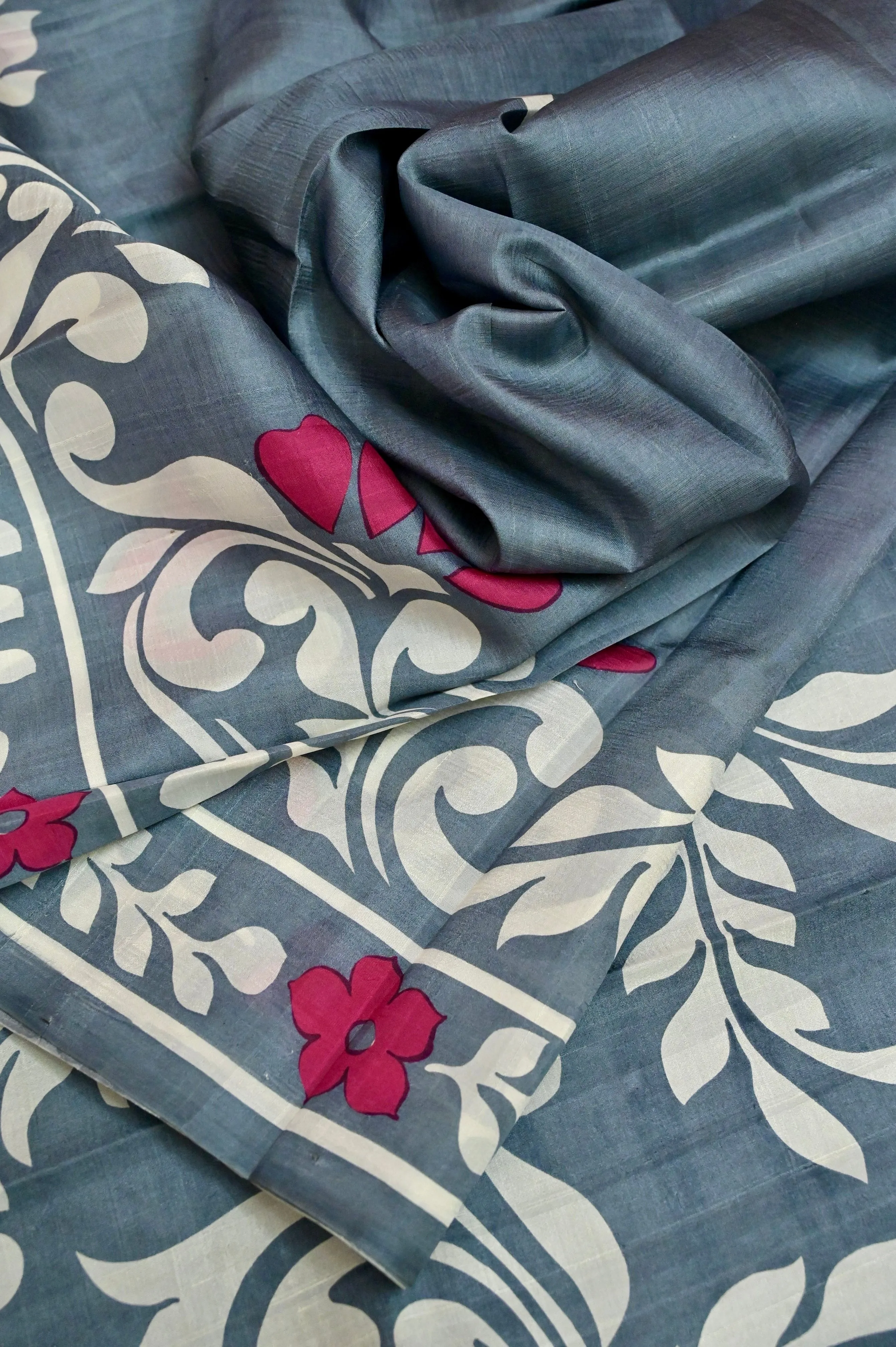 Deep Grey Color Bishnupur Silk Saree with Hand Block Work