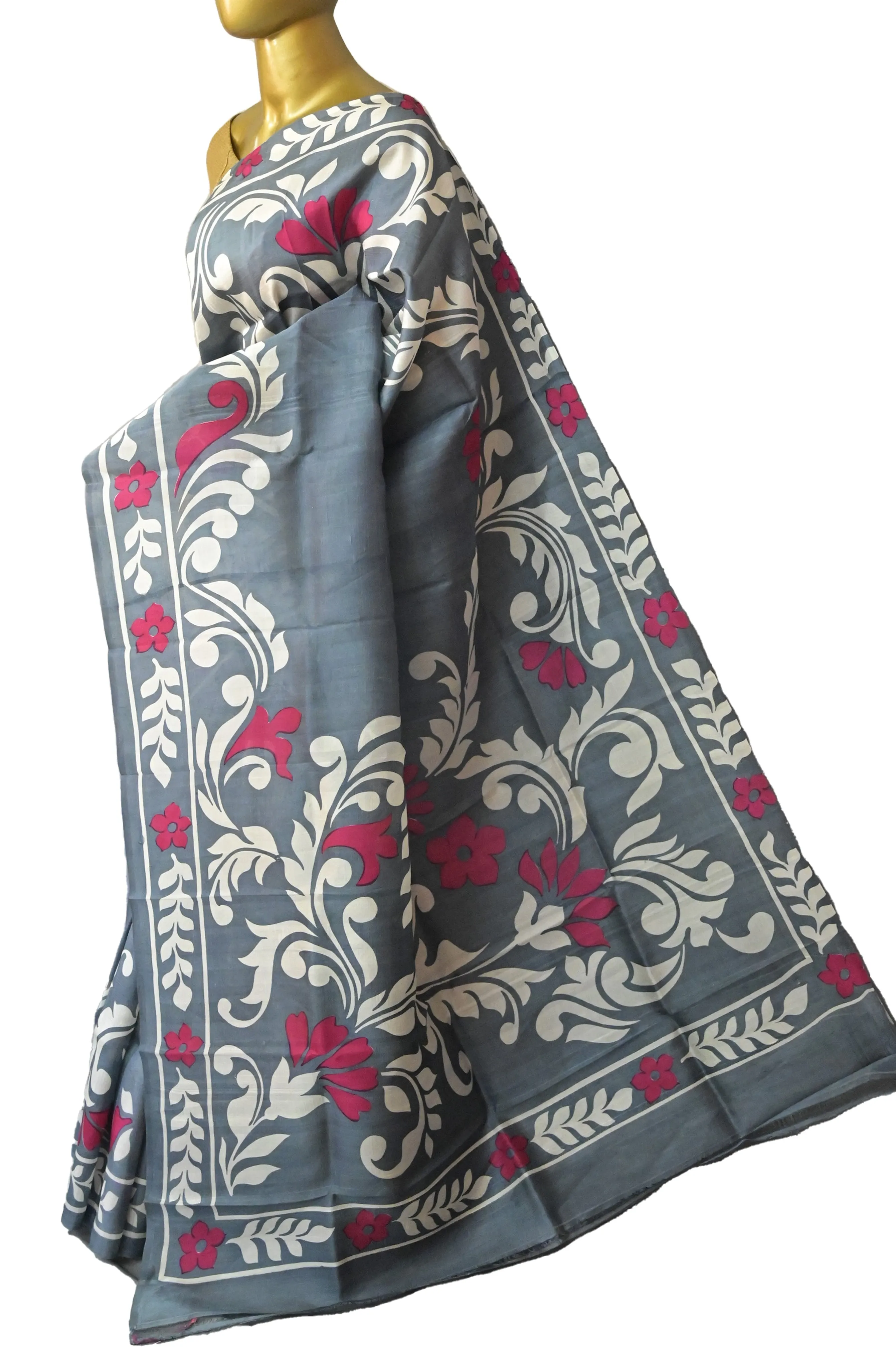 Deep Grey Color Bishnupur Silk Saree with Hand Block Work