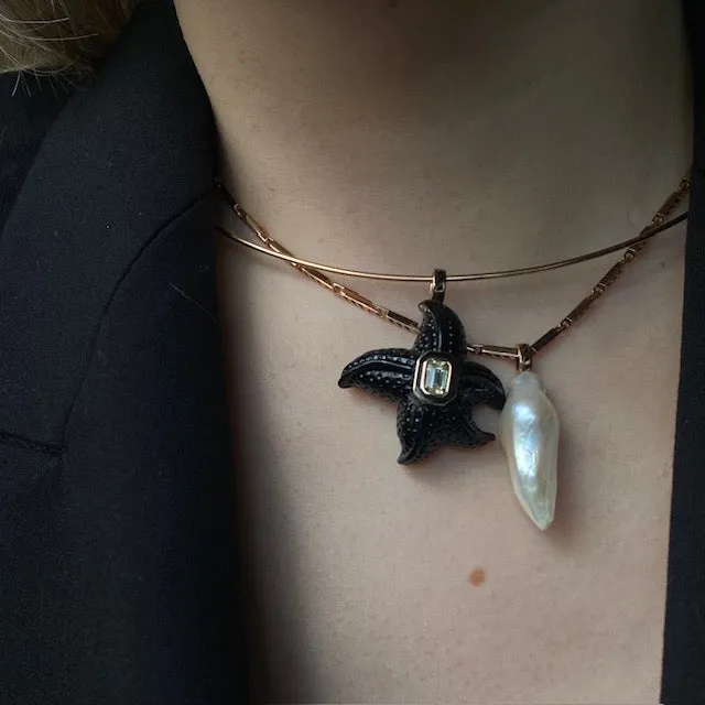 Dezso 18k Grande Pearl Pendant w/ Shark Fin Enameling