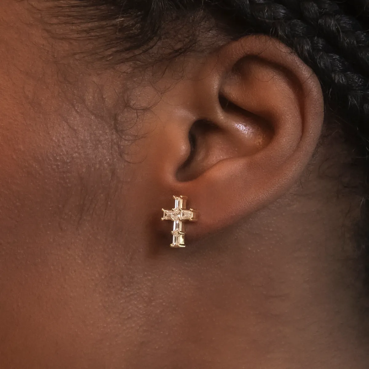 Diamond Baguette Cross Stud Earrings in Yellow Gold