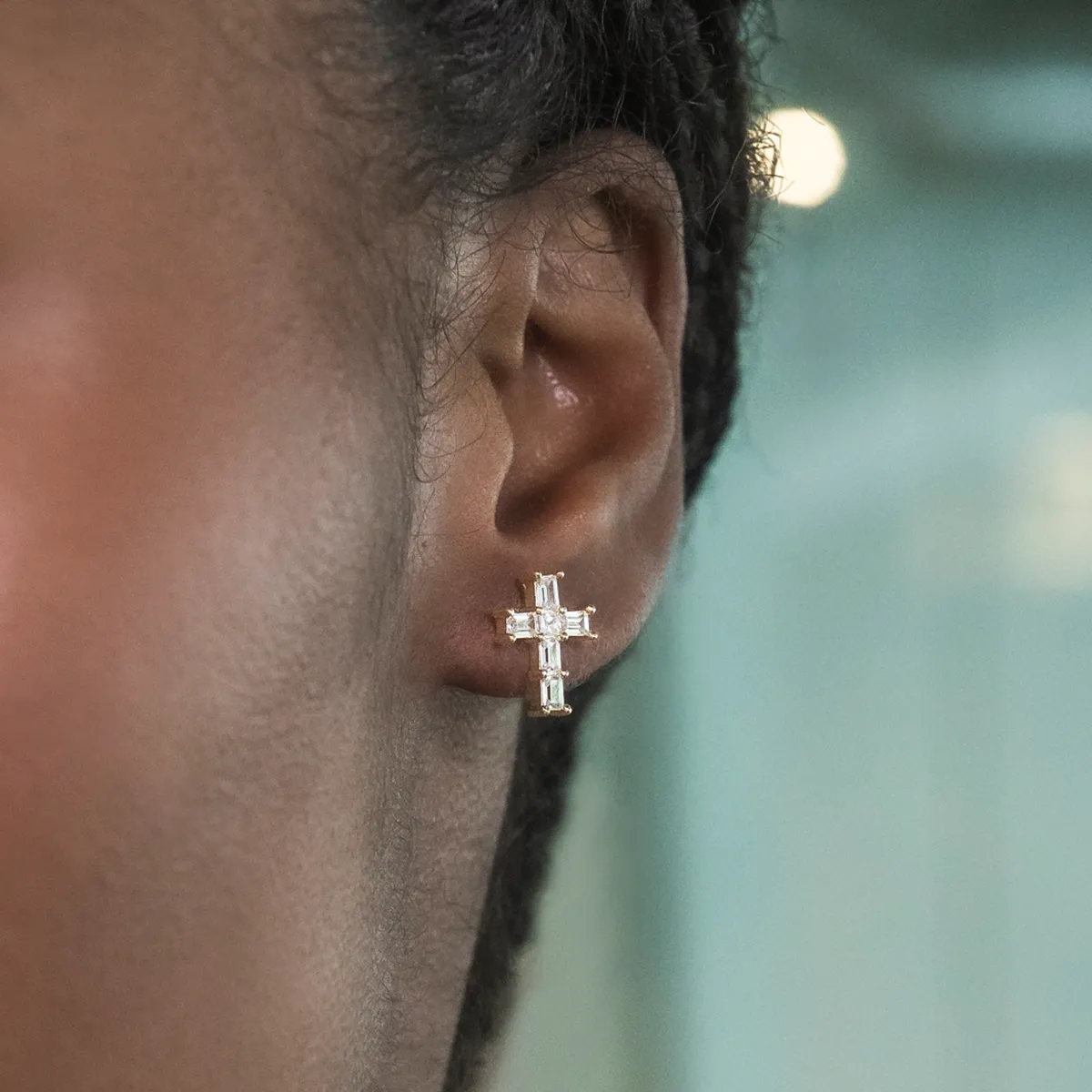 Diamond Baguette Cross Stud Earrings in Yellow Gold