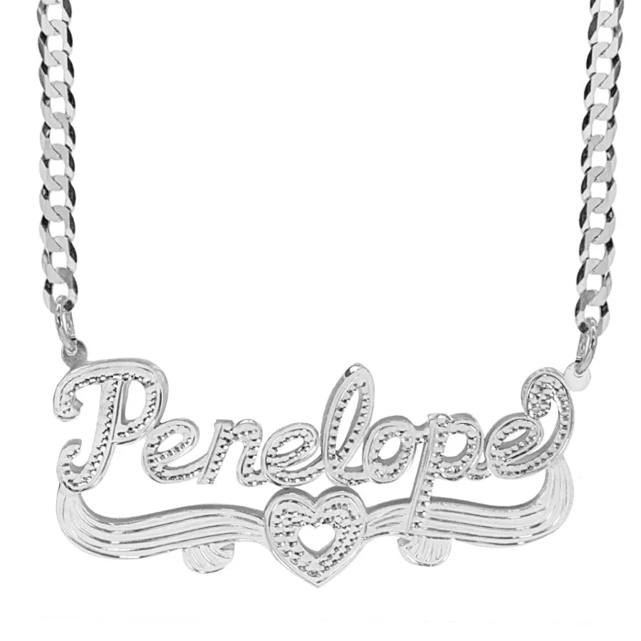 Double Name Plate with Tail and Heart With Cuban Chain