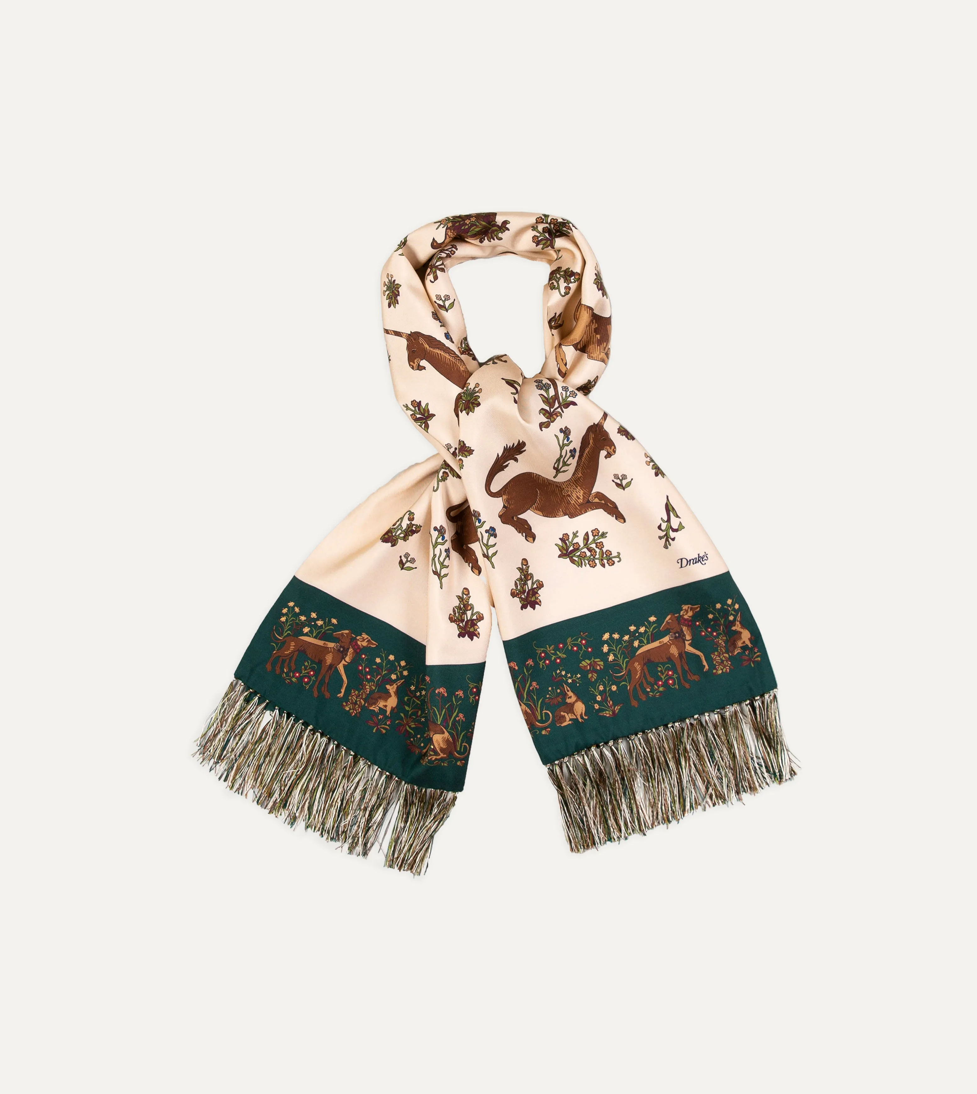 Ecru Unicorn Print Tubular Silk Tasselled Scarf