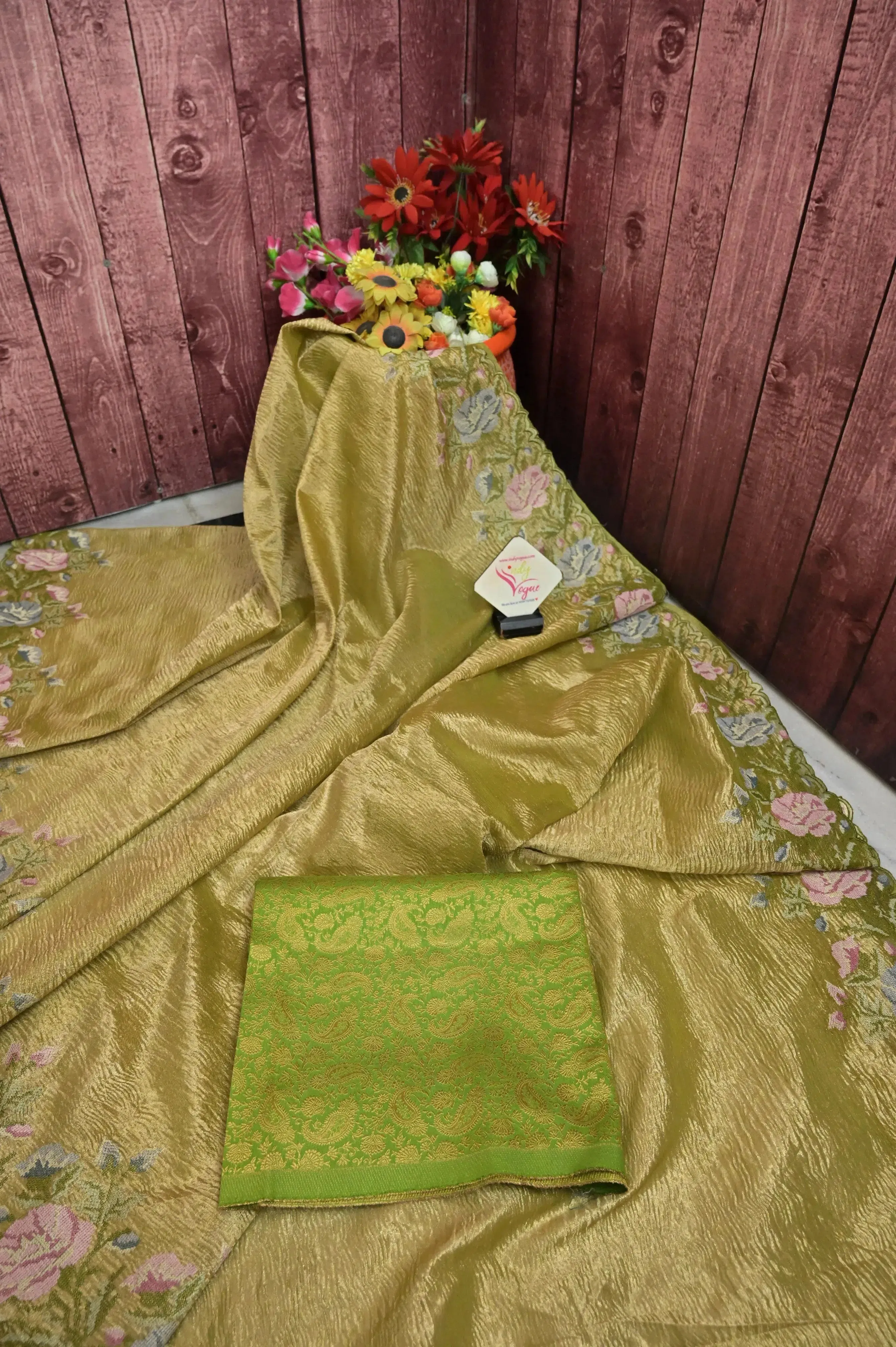 Elaichi Green Color Crush Tissue Silk Saree with Embroidery Work