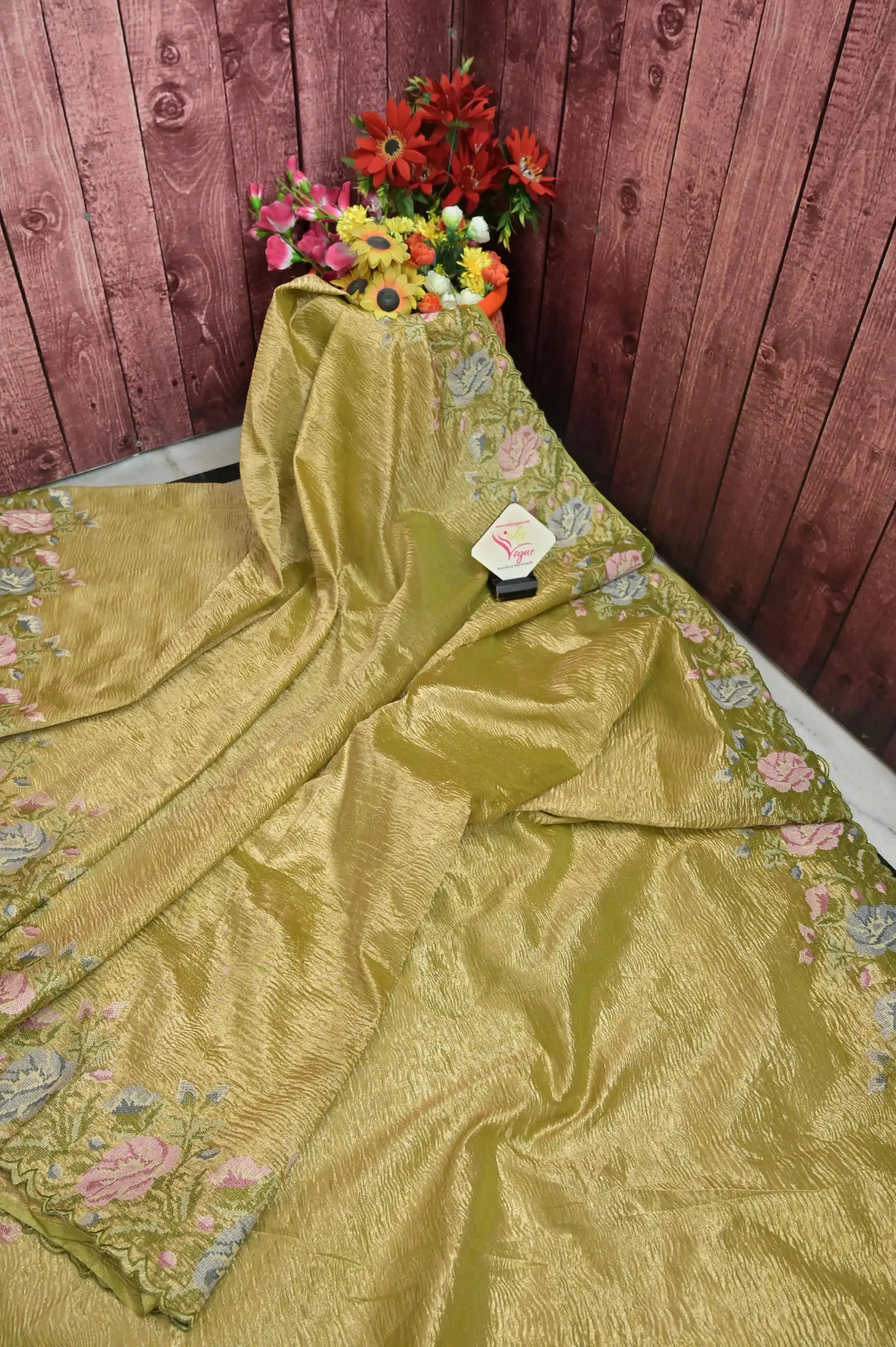 Elaichi Green Color Crush Tissue Silk Saree with Embroidery Work