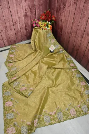 Elaichi Green Color Crush Tissue Silk Saree with Embroidery Work