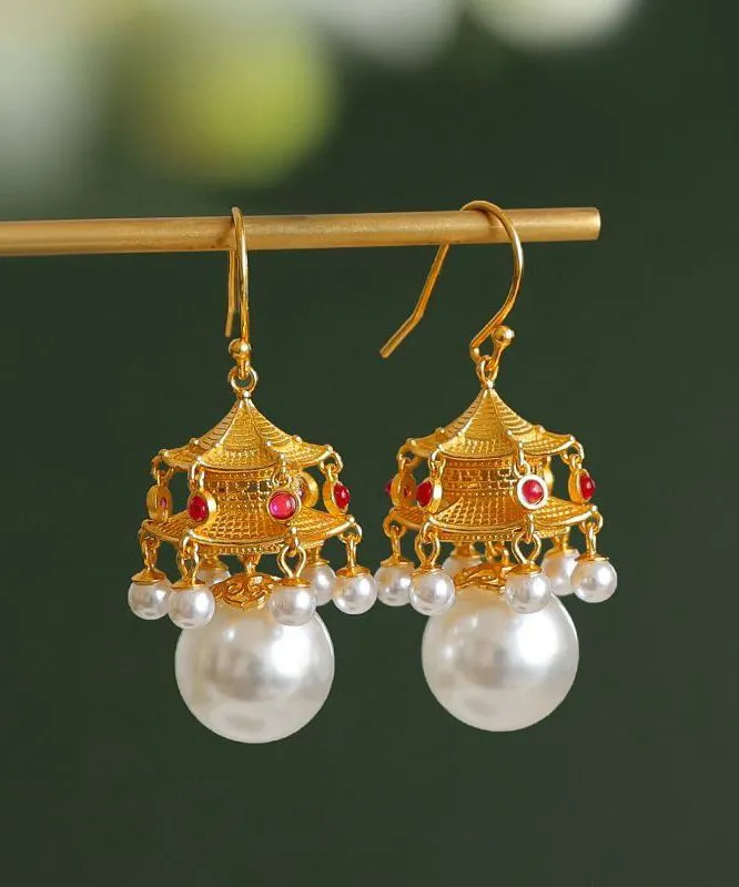 Fashion White Ancient Gold Pearl Agate Palace Lantern Drop Earrings GH1083