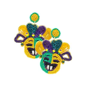 Felt Back Seed Beaded Mardi Gras Mask Dangle Earrings