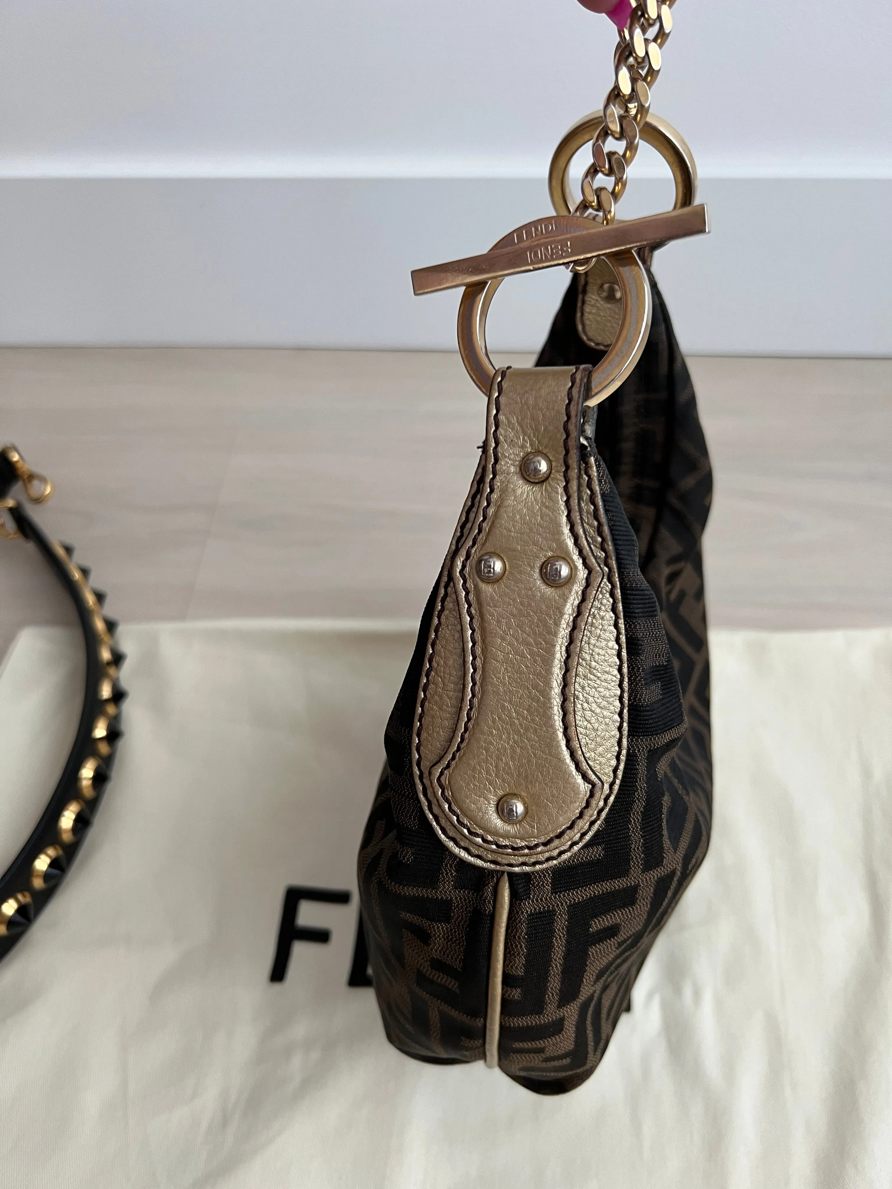 Fendi Vintage Tabacco Zucca Canvas Chef Chain Hobo Mini Bag