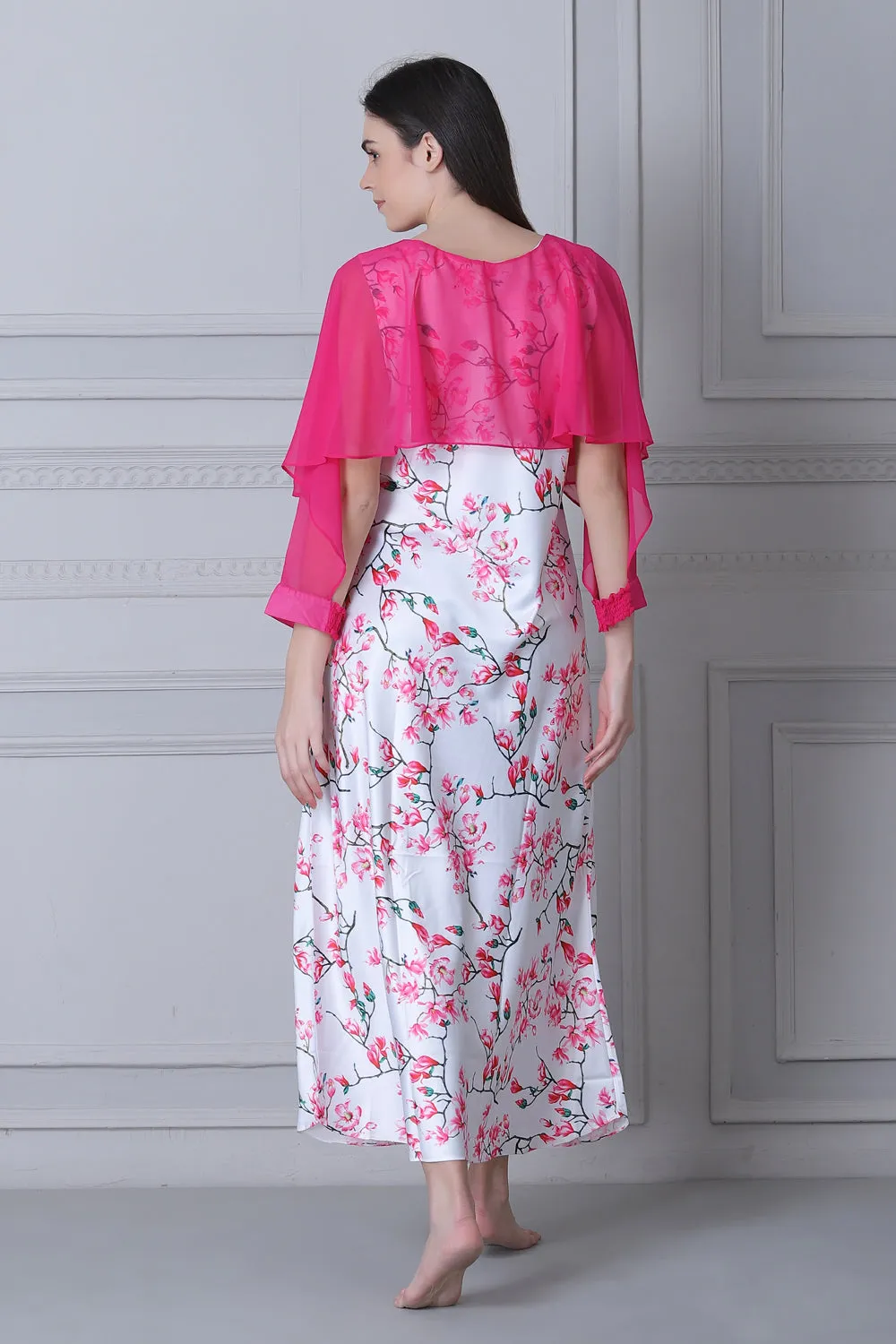 Floral Print Satin Nighty with Chiffon cape White & Pink