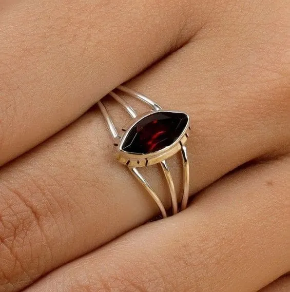 Genuine Red Garnet Marquise Healing 925 Sterling Silver Ring