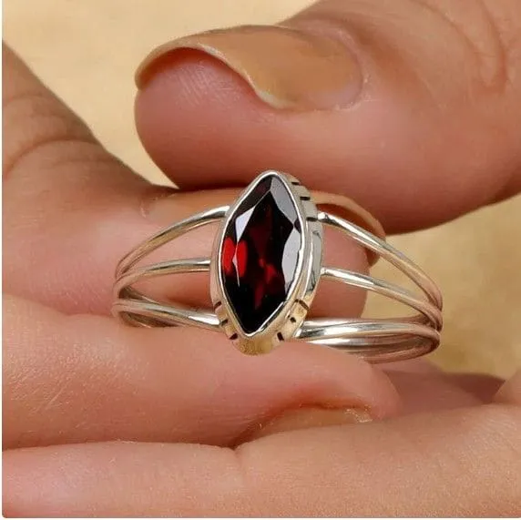 Genuine Red Garnet Marquise Healing 925 Sterling Silver Ring