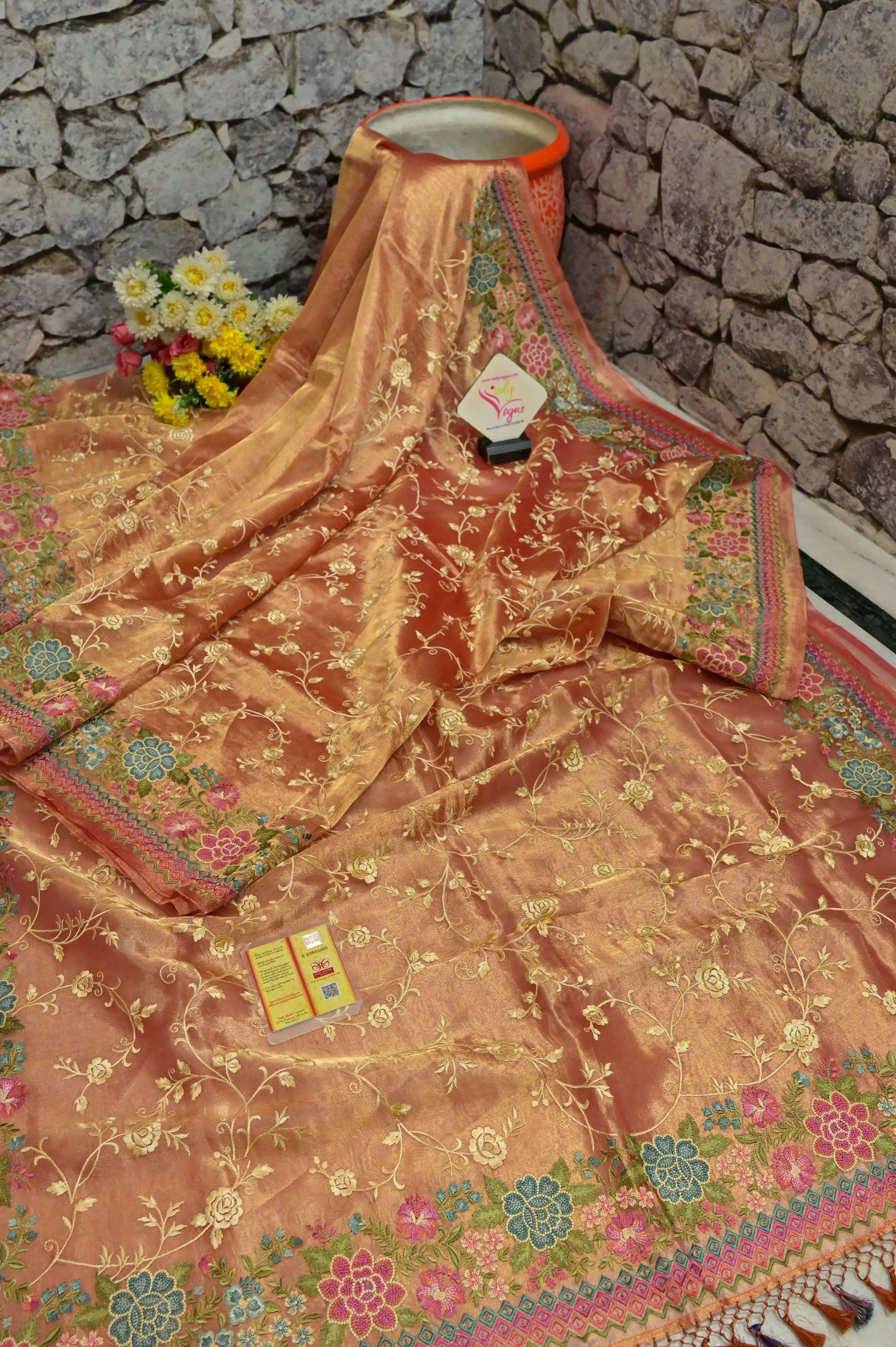 Golden Dual-Tone Color Tissue Silk Saree with Meenakari and Jaal Zari Work