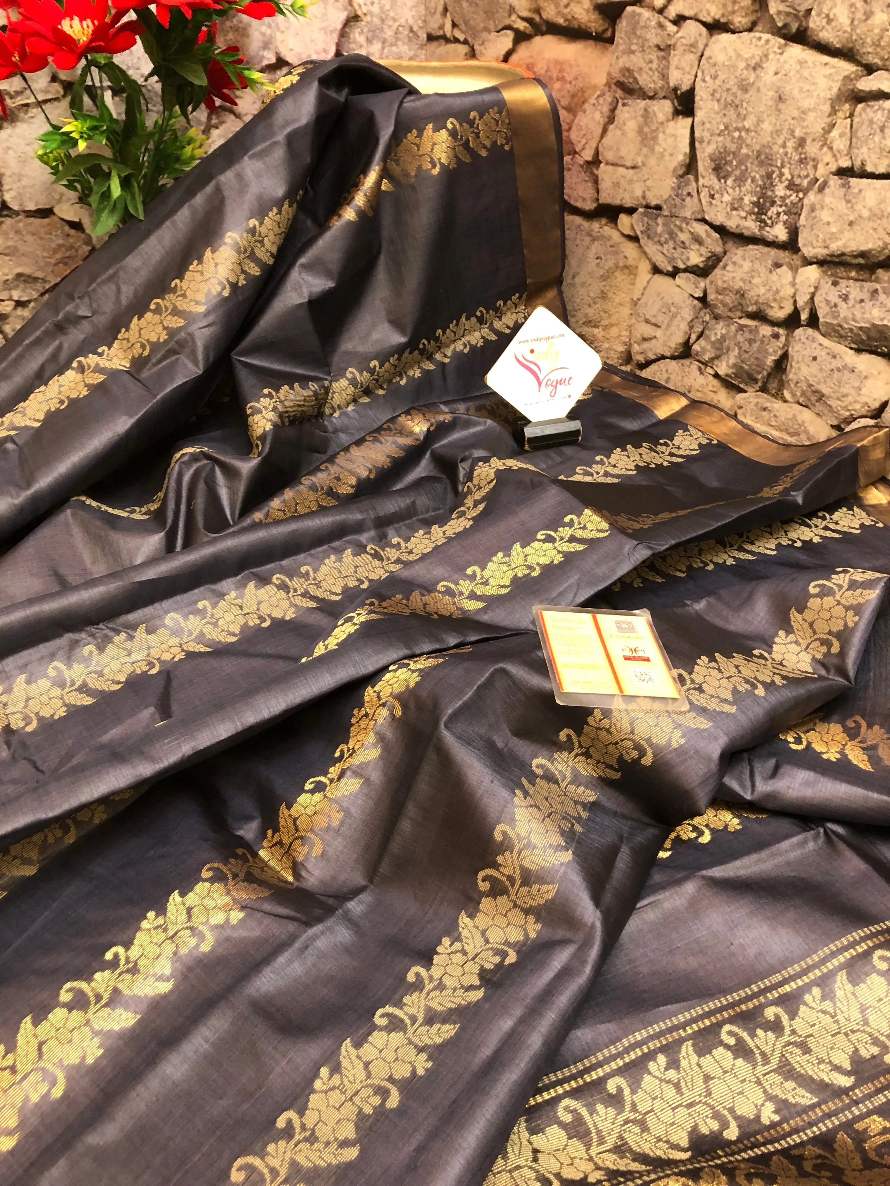 Graphite Color Pure Tussar Silk Saree with Zari Stripe Work